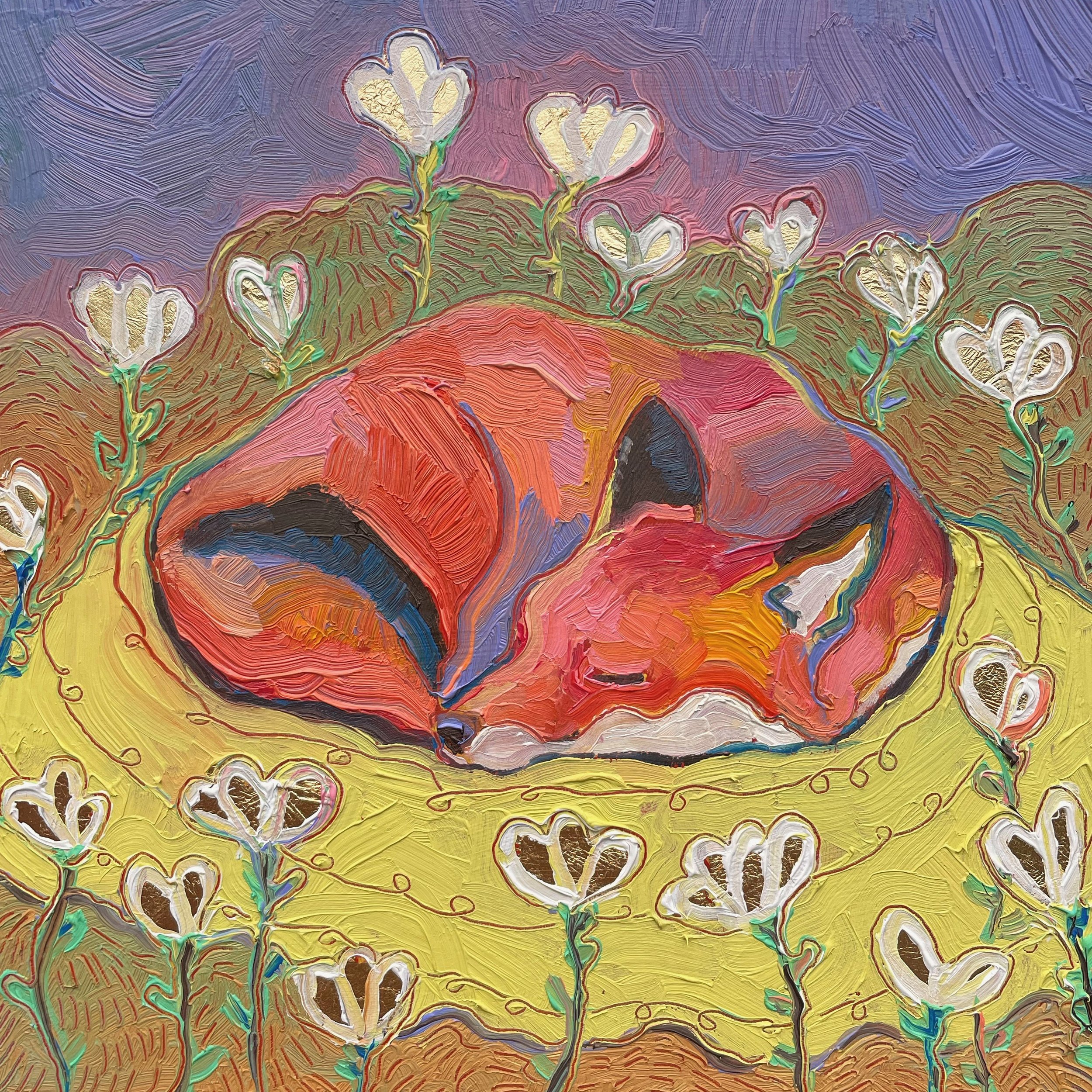 a painting of a fox curled up sleeping in a field of flowers