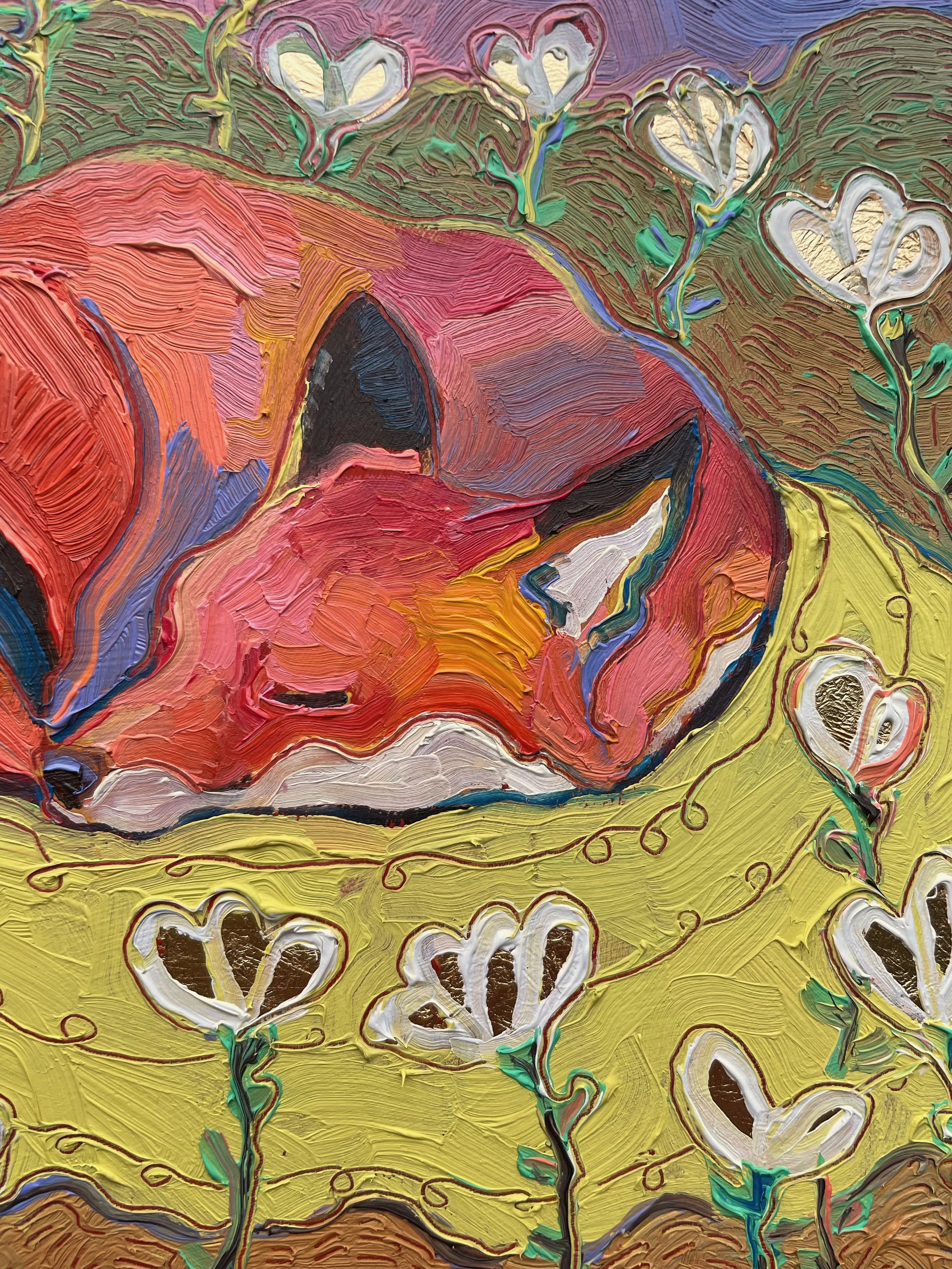 a close up on a painting of a fox curled up sleeping in a field of flowers