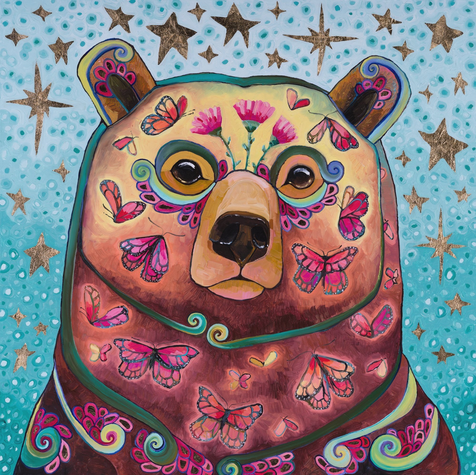 a colorful painting of a bear with butterflies and flowers in its fur