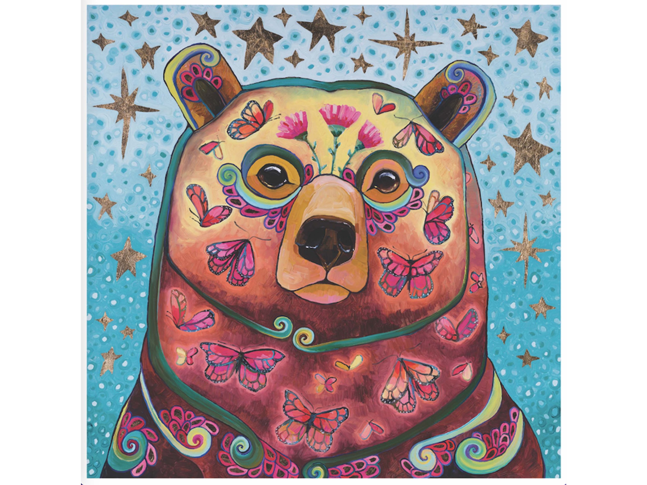 a colorful painting of a bear surrounded by stars. butterflies and flowers are inside the bear's fur.
