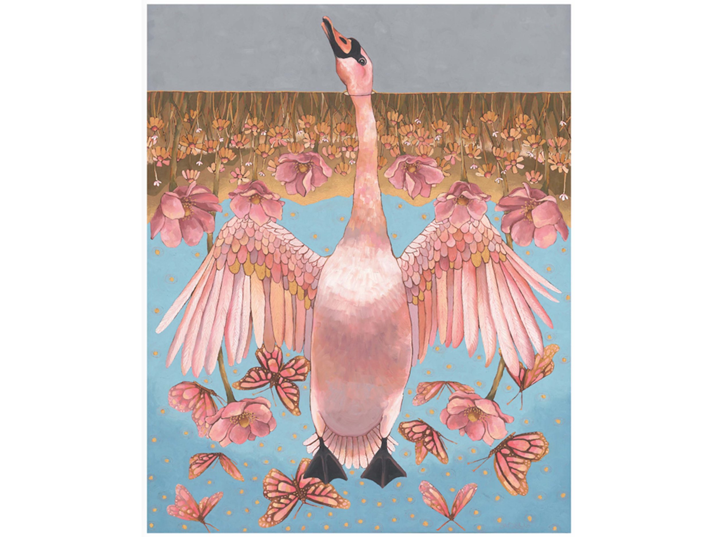 a painting of a swan. its head is in a gray background but beneath that is a blue sky and butterflies