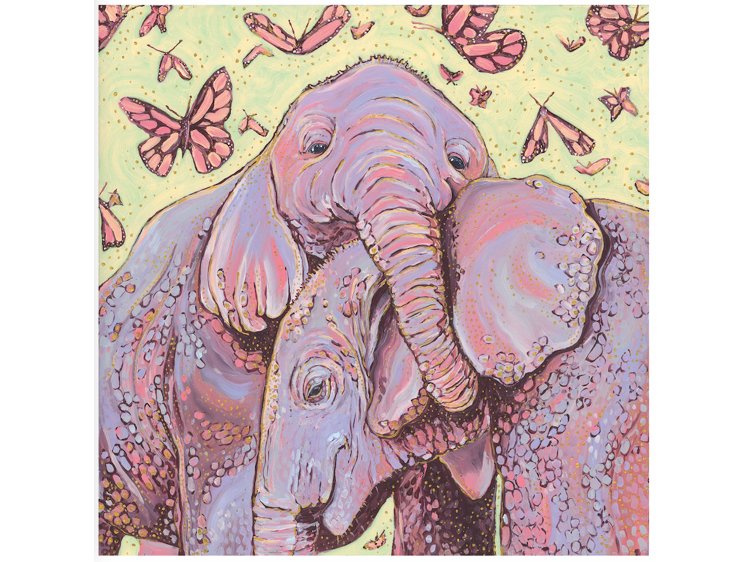 a painting of two baby elephants hugging
