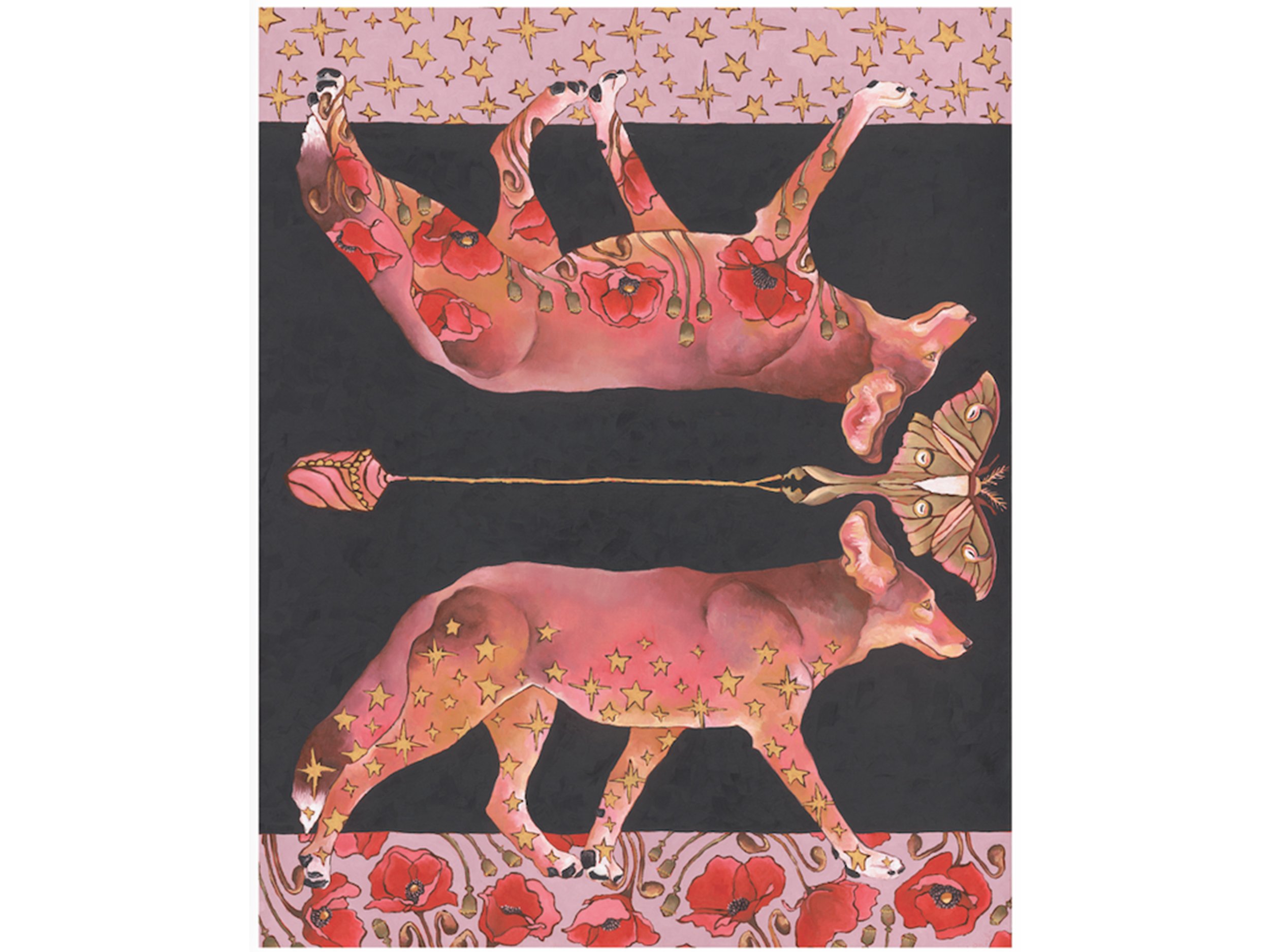 a painting of two coyotes in mirror image to one another.