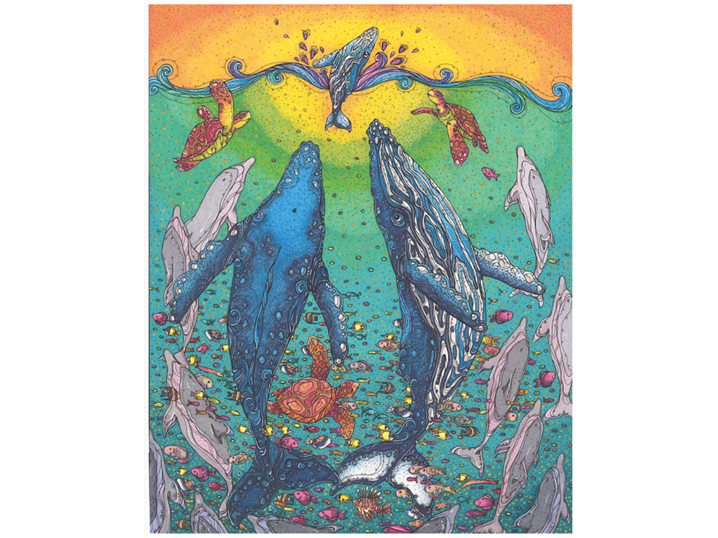 a colorful illustration of two humpback whales underwater. They are looking upwards at a baby humpback whale breaching. Dolphins, sea turtles, and fish surround the whales.