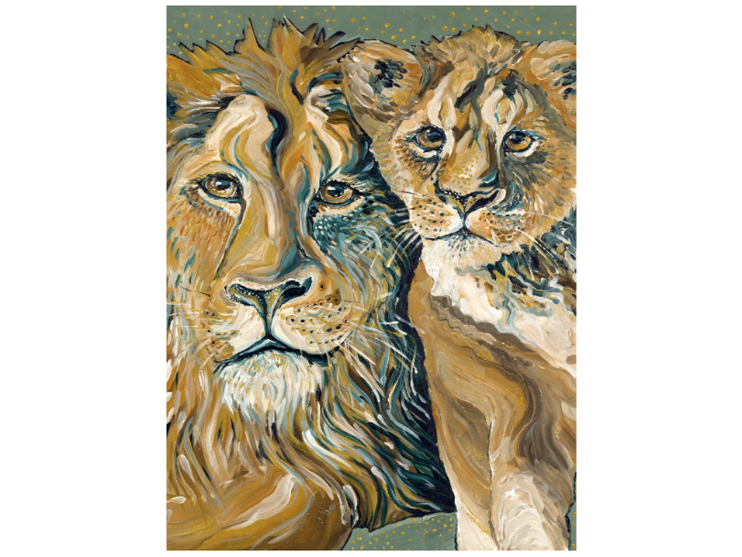 A painting of a lion and cub