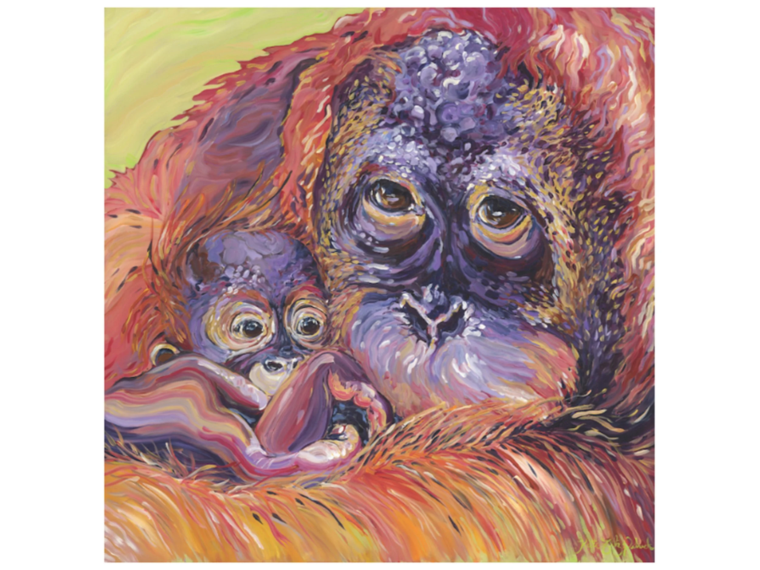 a painting of a mother orangutan cuddling her baby orangutan