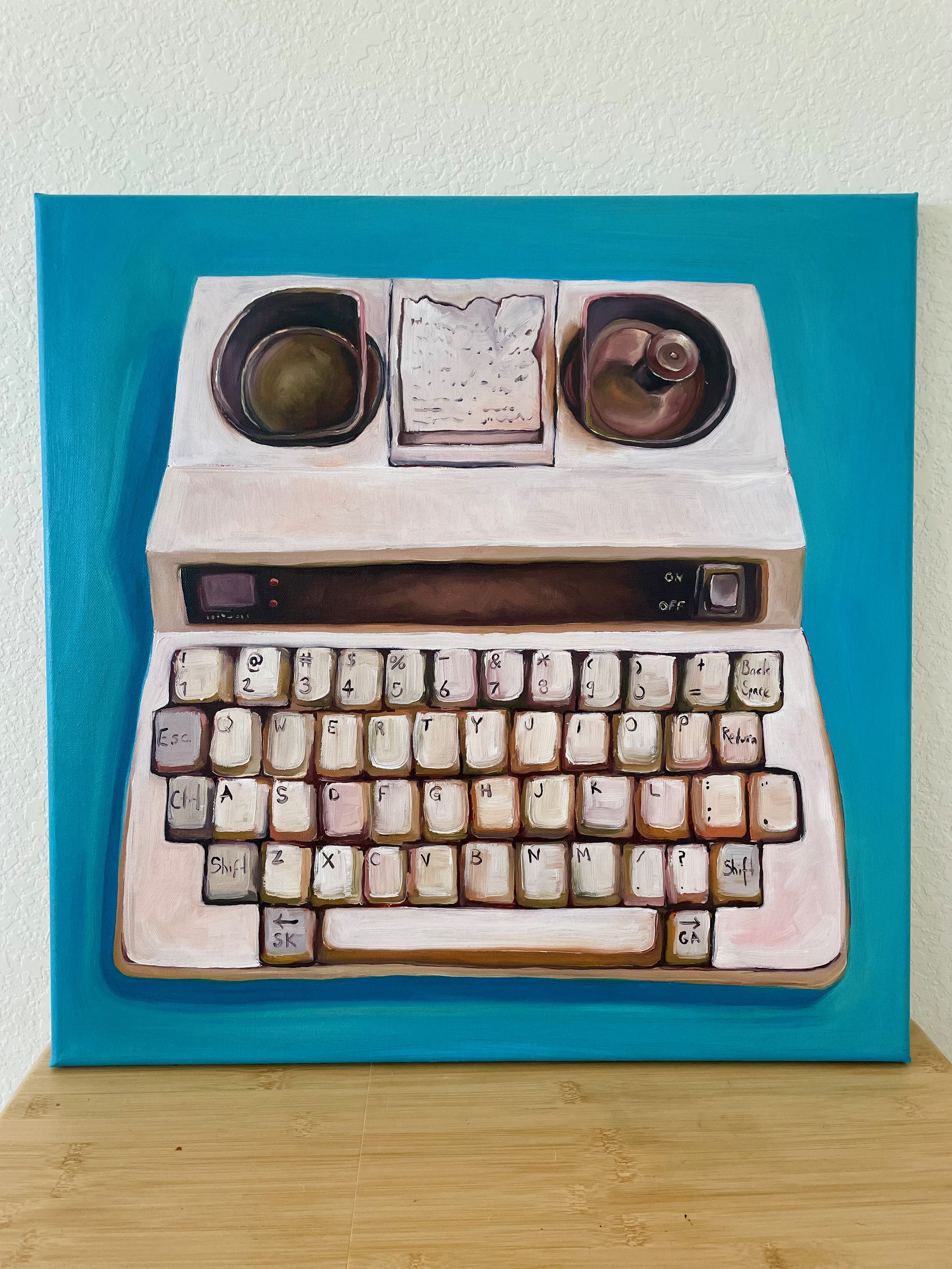 a square painting of a tty with a turquoise background
