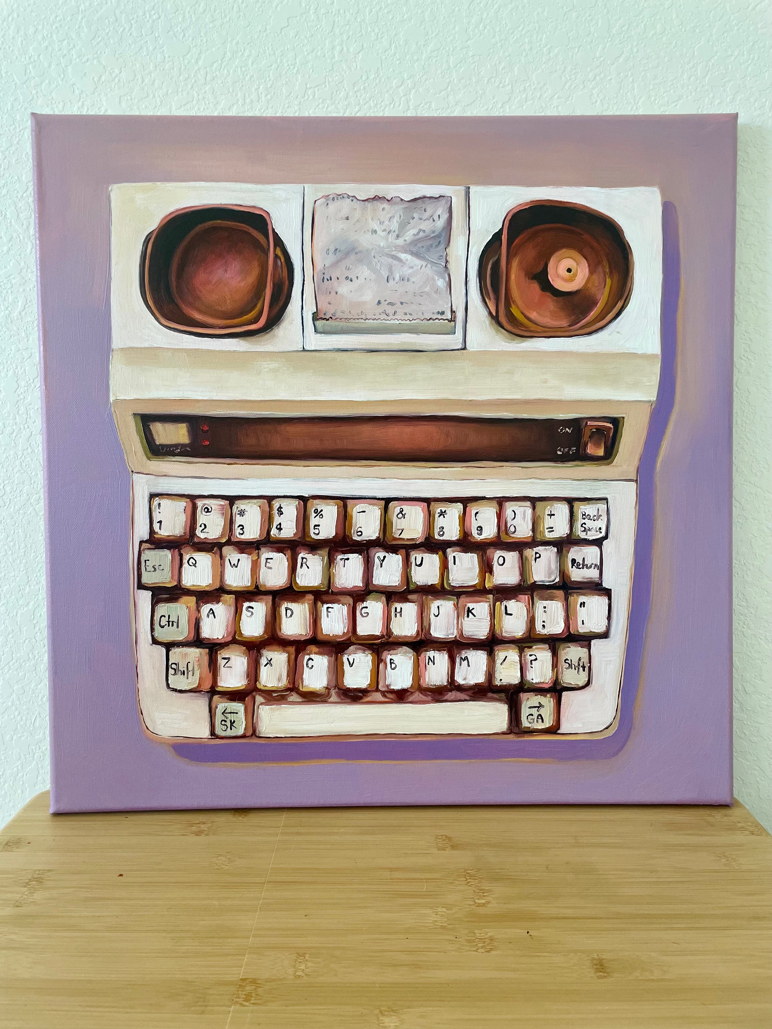 a square painting of a tty with a lilac background