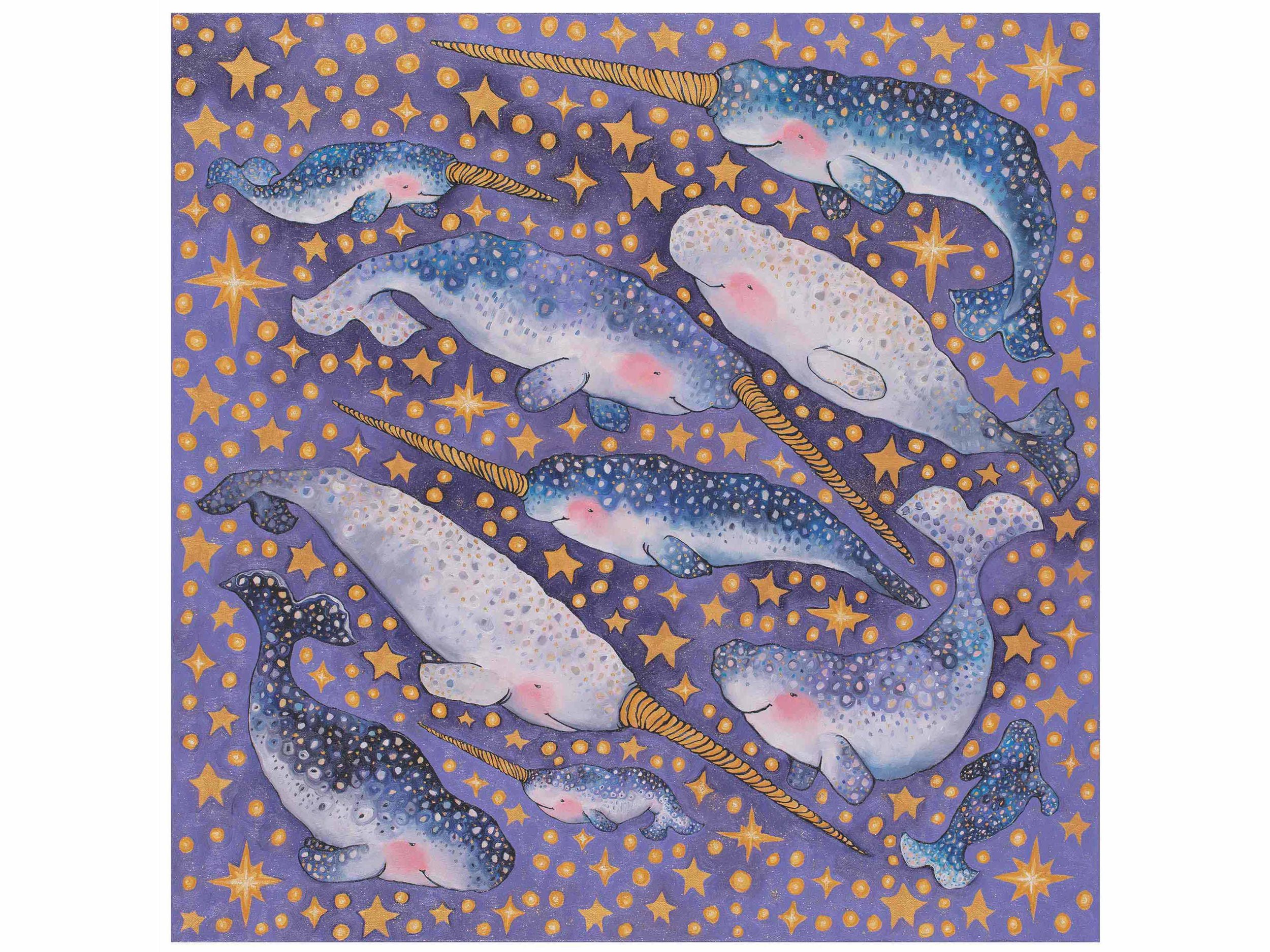 a magical whale painting of a group of narwhals against a purple background with stars