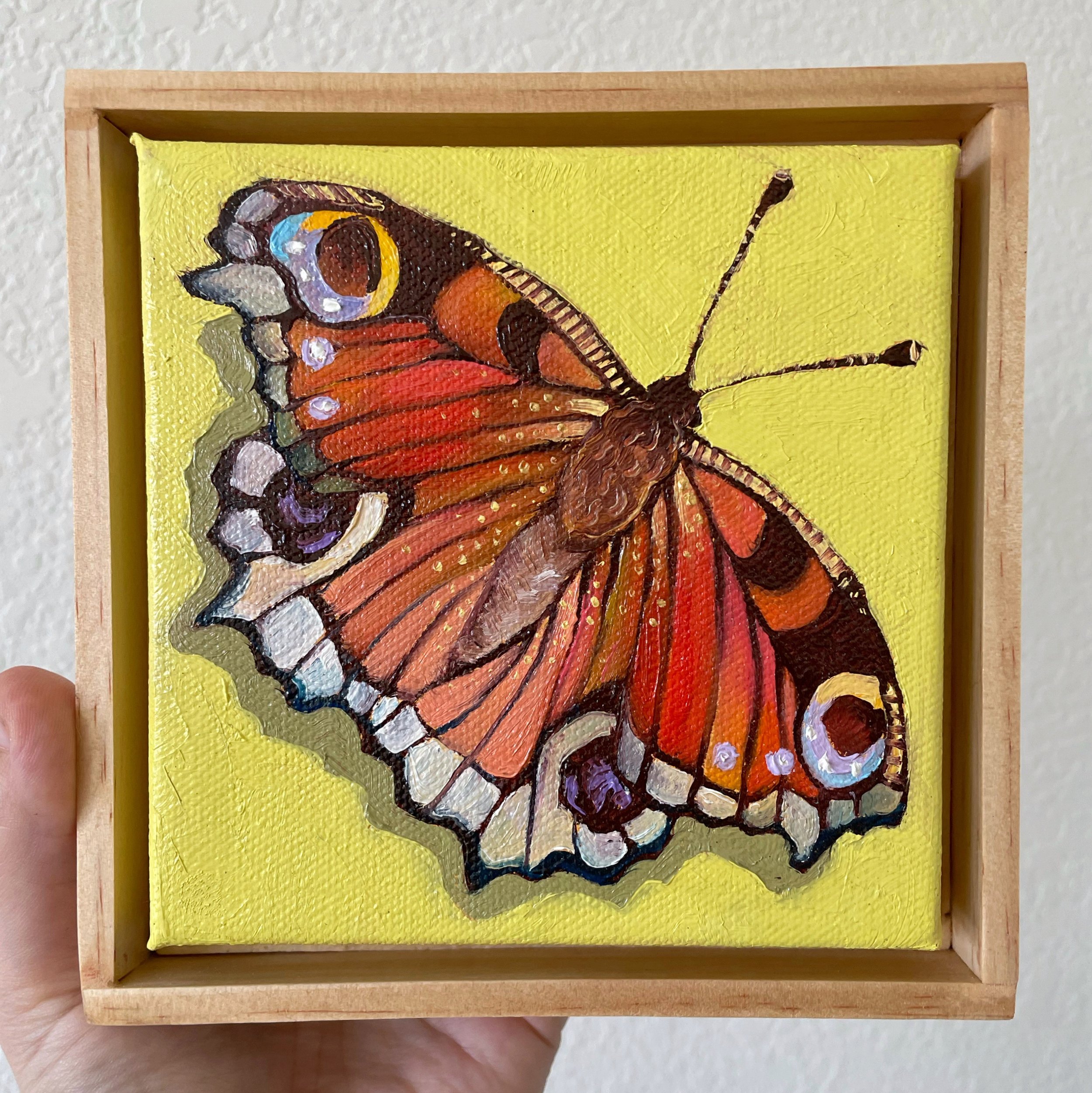 a framed painting of a colorful peacock butterfly against a chartreuse background