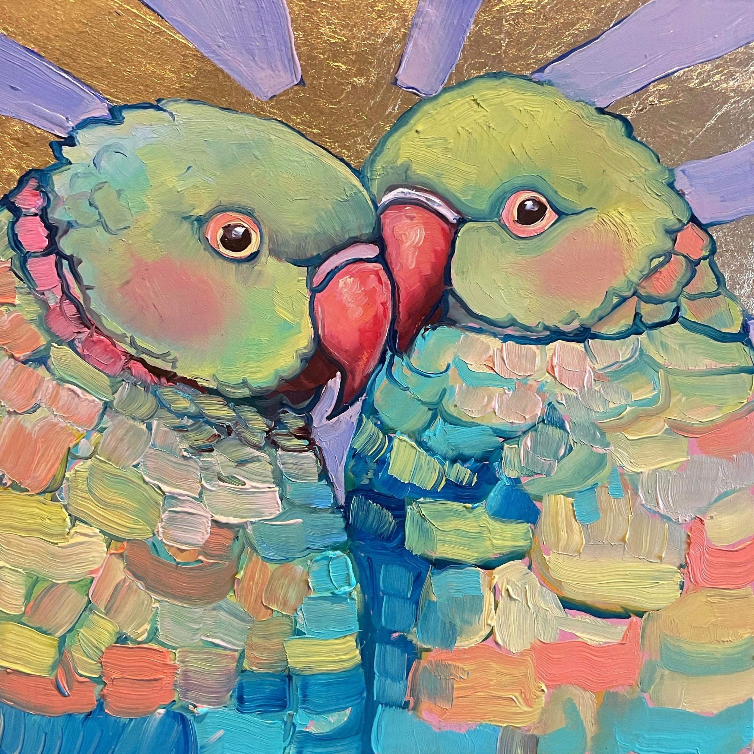 a colorful painting of two green parrots leaning on one another