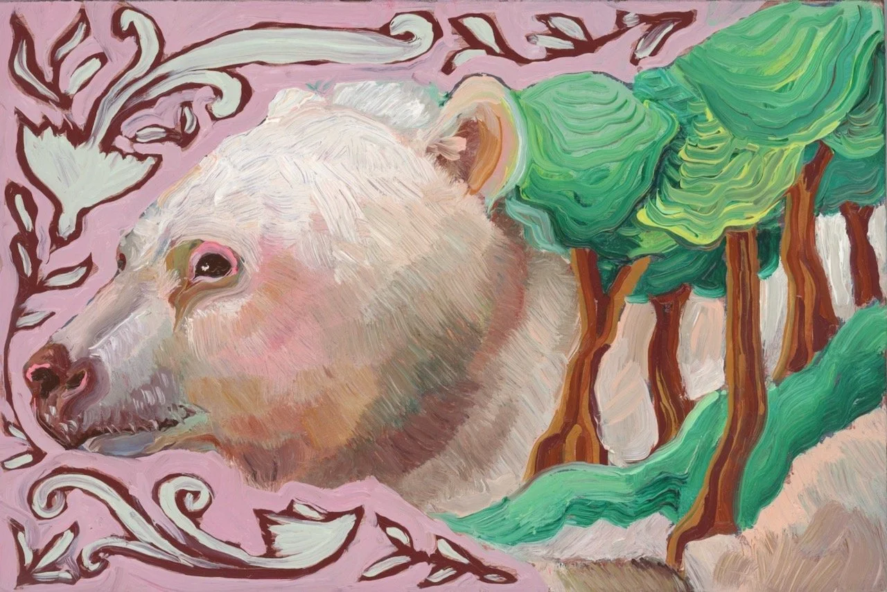 a painting of a kermode (spirit) bear with a magical grove of trees in its body and white birds around it
