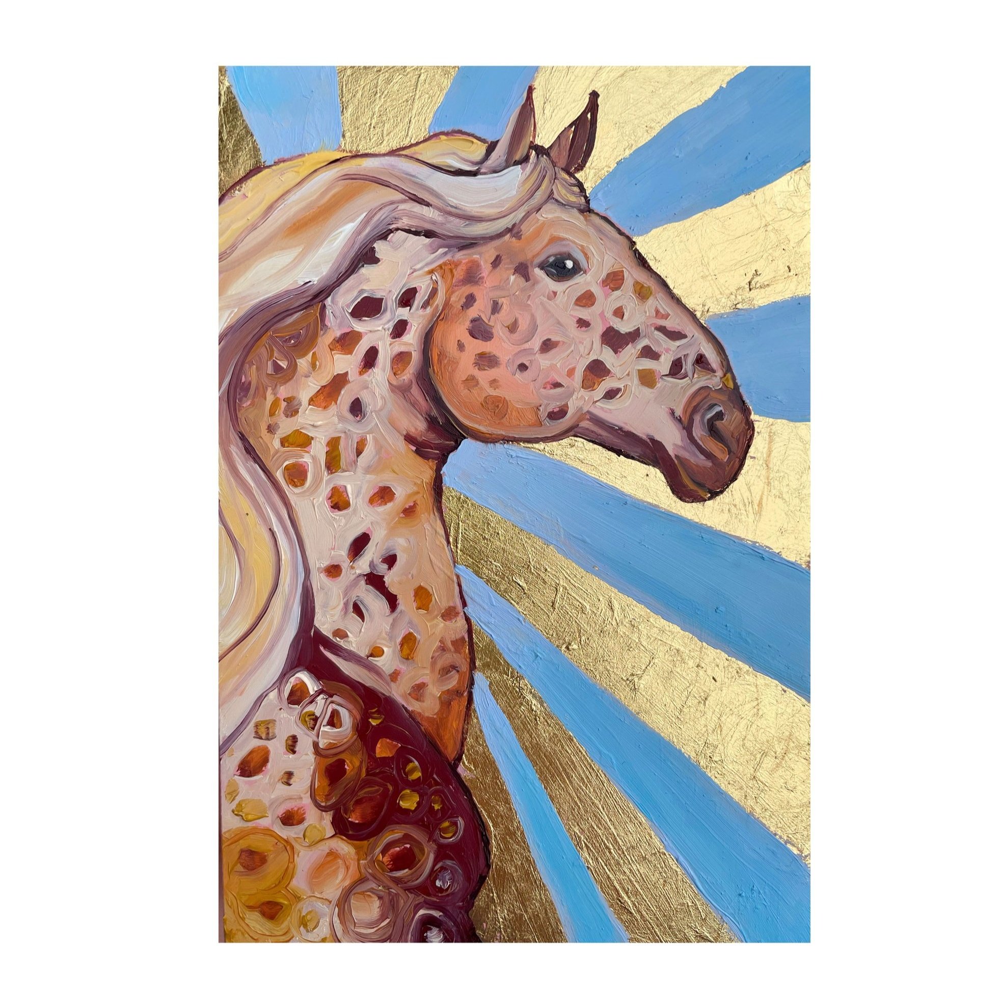 a colorful painting of a spotted horse with a sunburst behind it