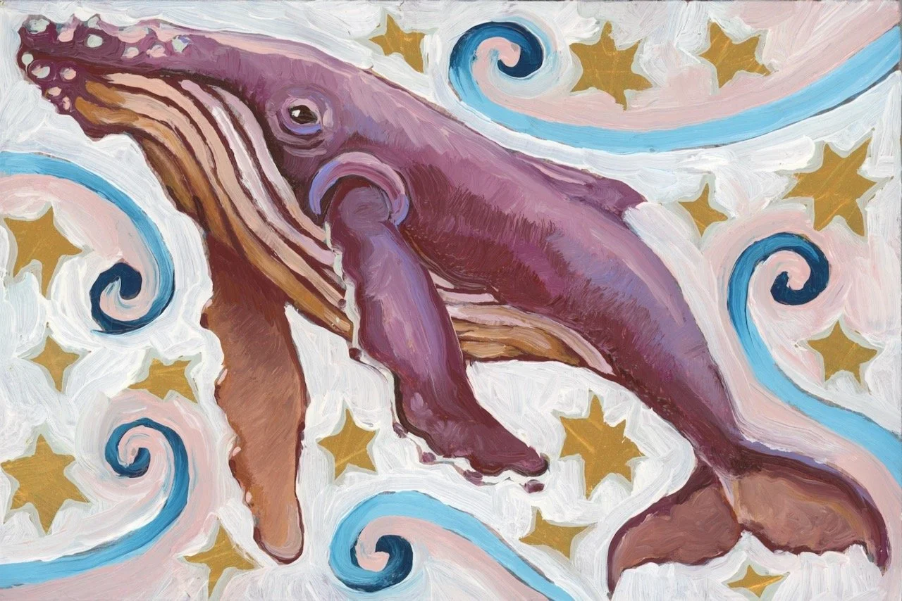 a magical painting of a humpback whale in purple tones against a sea of stars