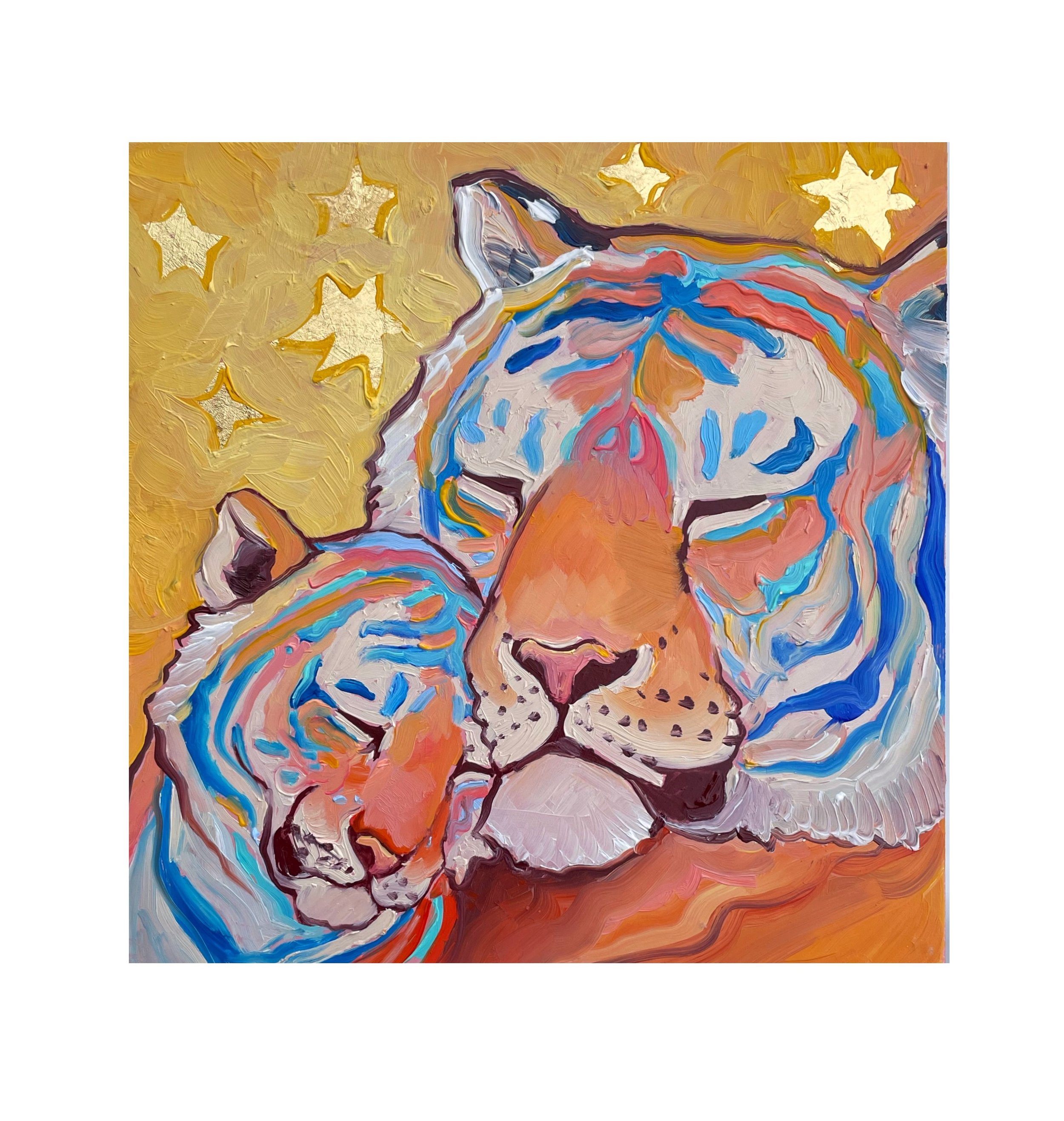 a colorful painting of a tiger cub nuzzling its parent.
