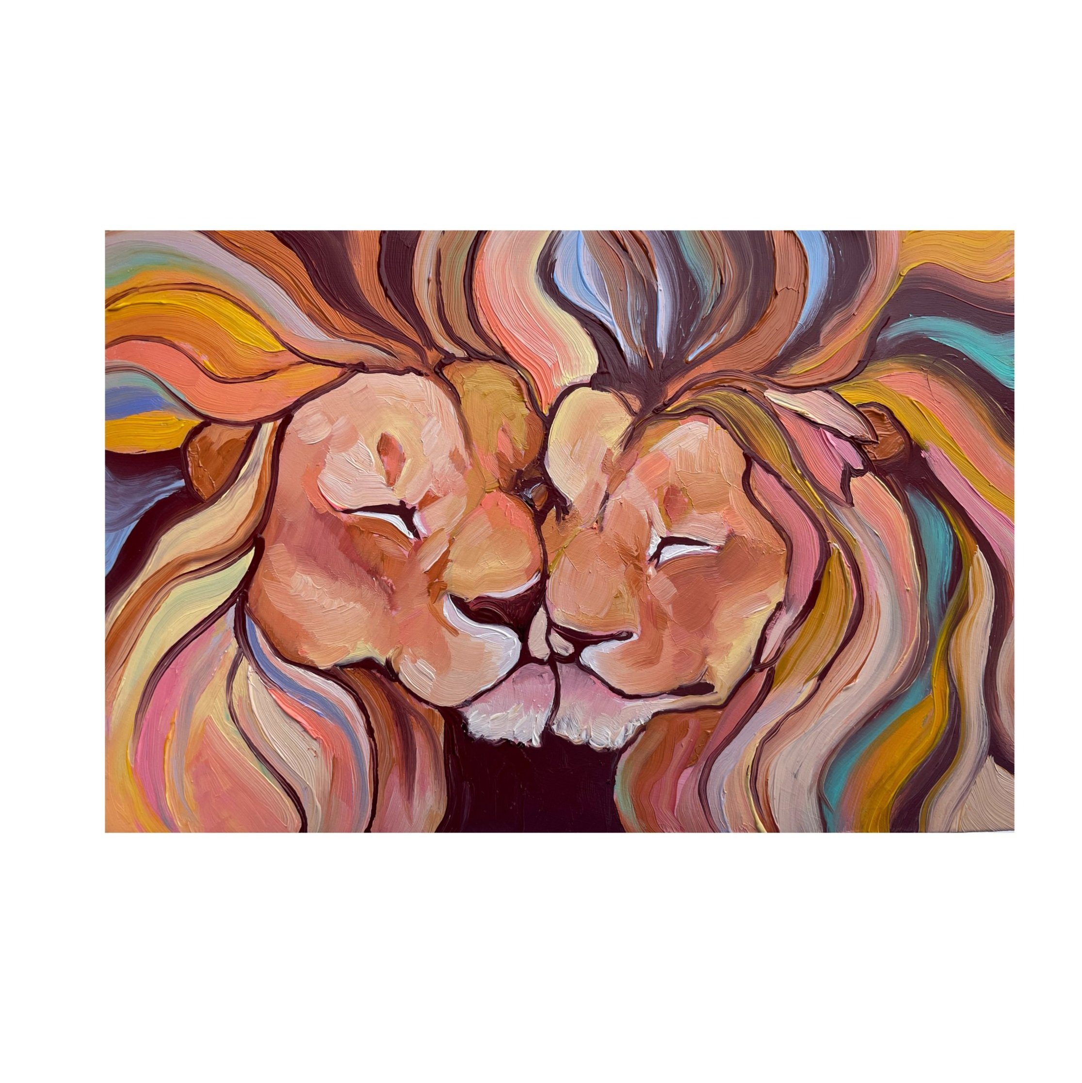two lions nuzzling. their manes are colorful and entwined.