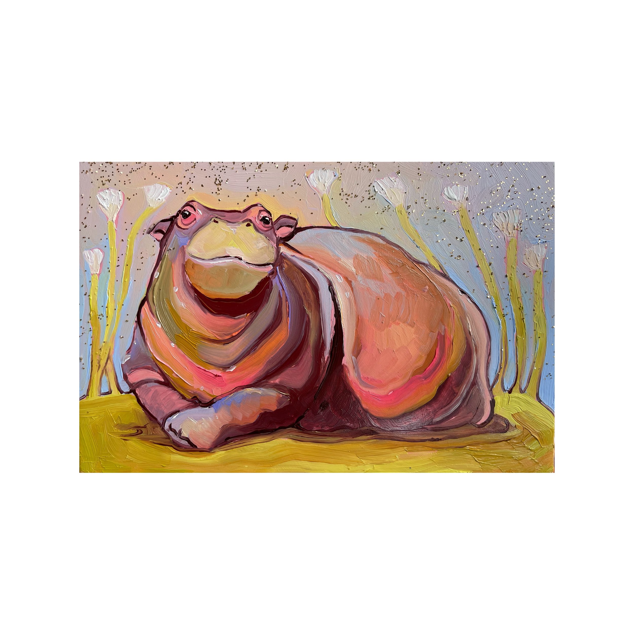 a colorful painting of a cute baby hippo