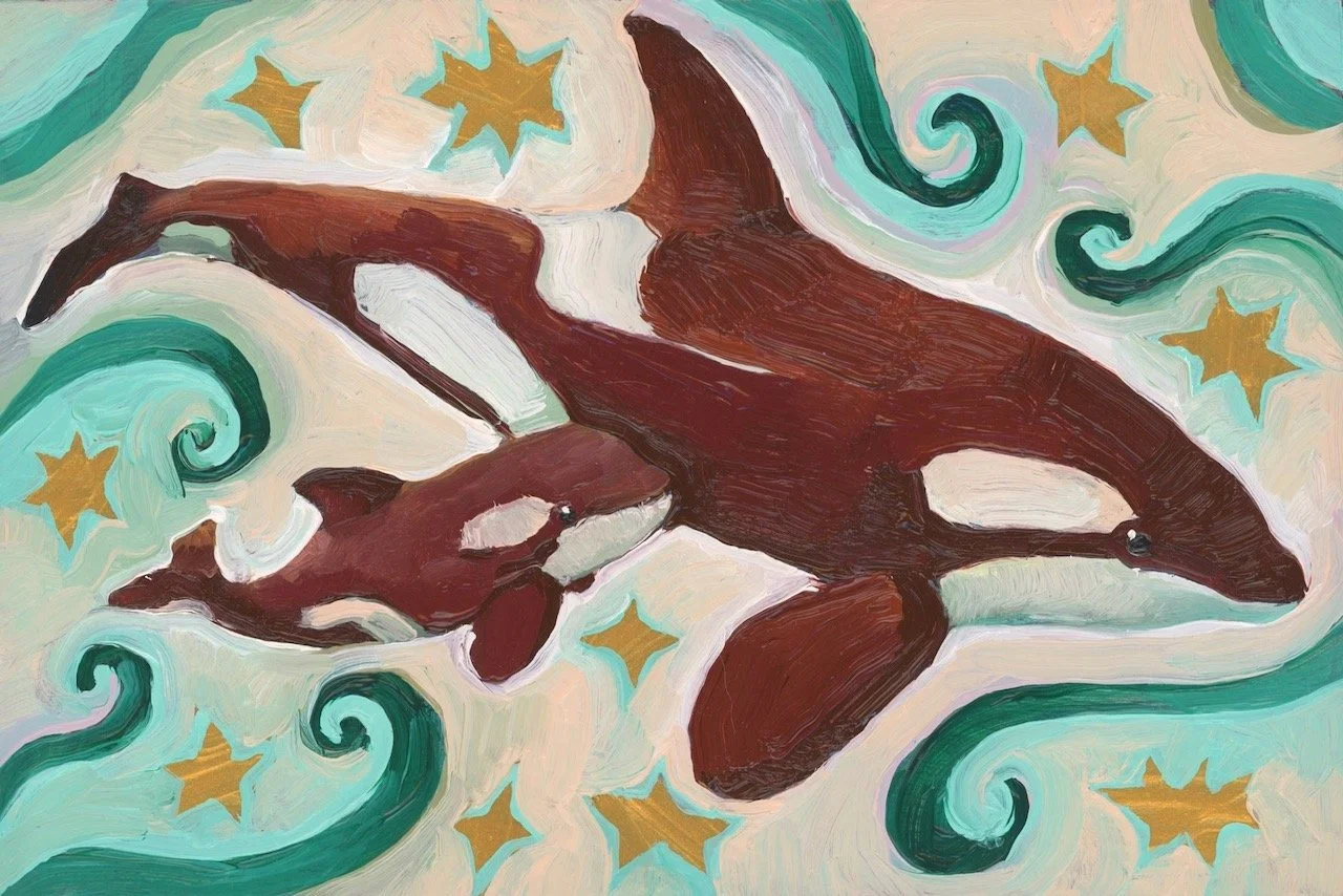 a parent and baby orca swim among teal swirls and stars