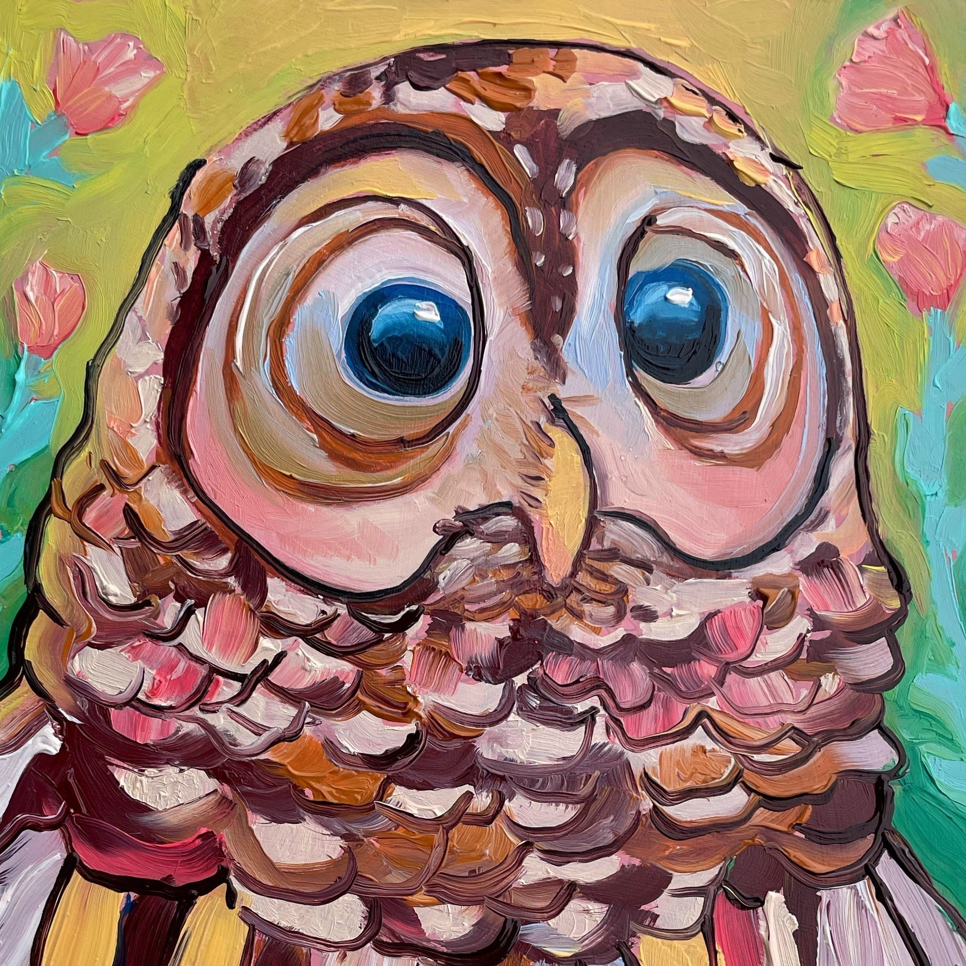 a colorful painting of a barred owl