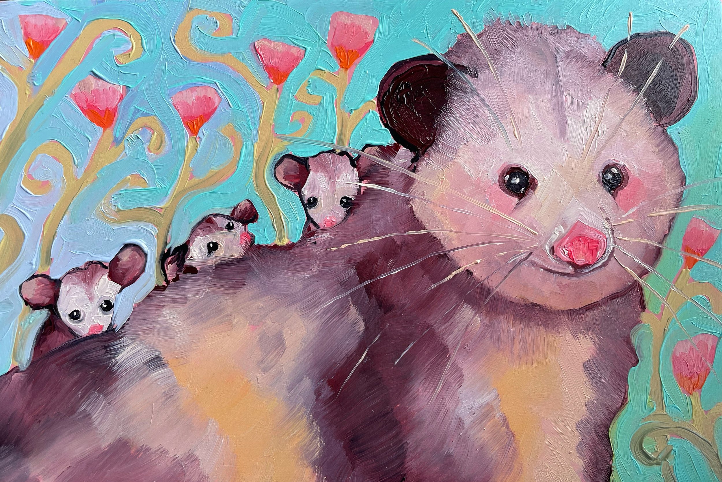 a colorful painting of an opossum family