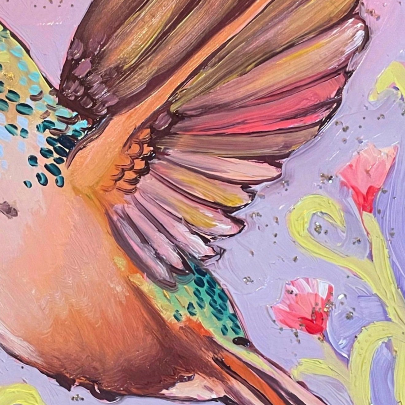 a colorful painting of a hummingbird
