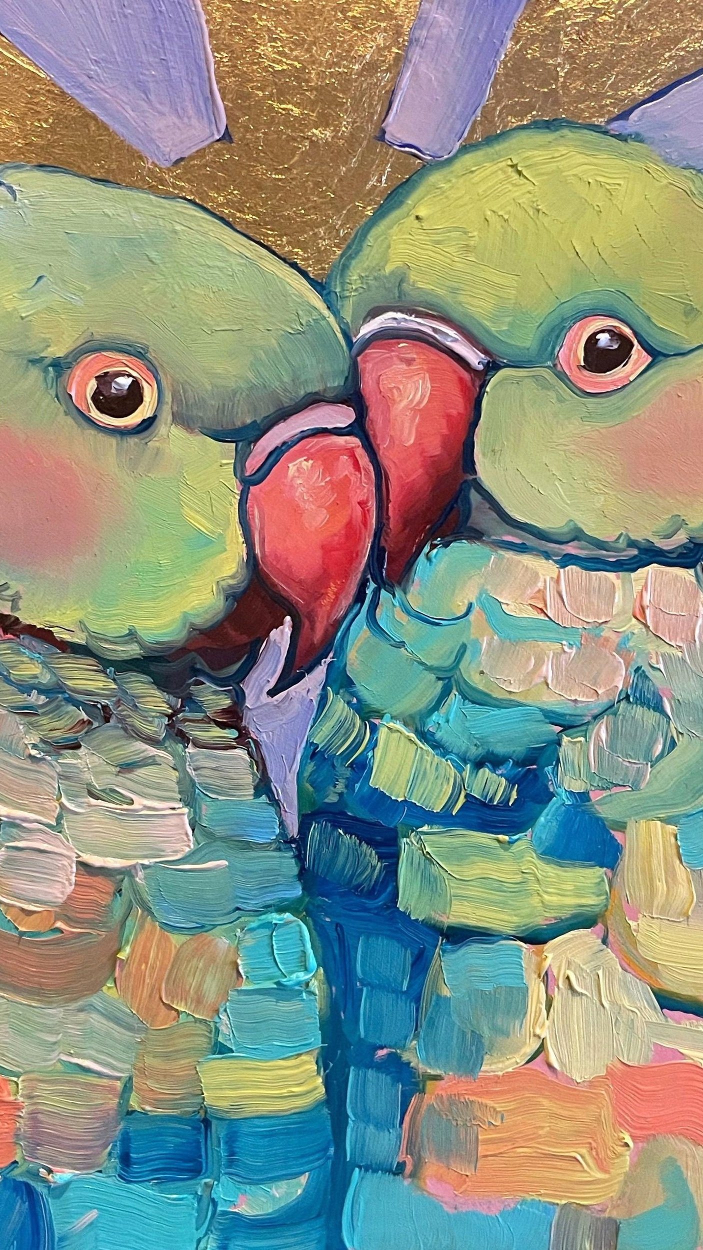 a colorful painting of two green parrots leaning on one another