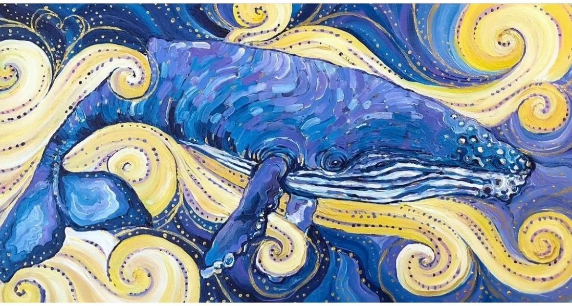 A painting of a humpback whale among yellow and blue swirls