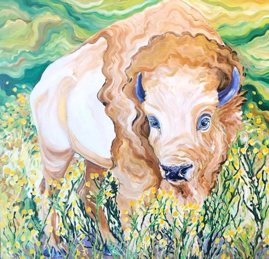 A painting of a white and tan bison against a lush green background