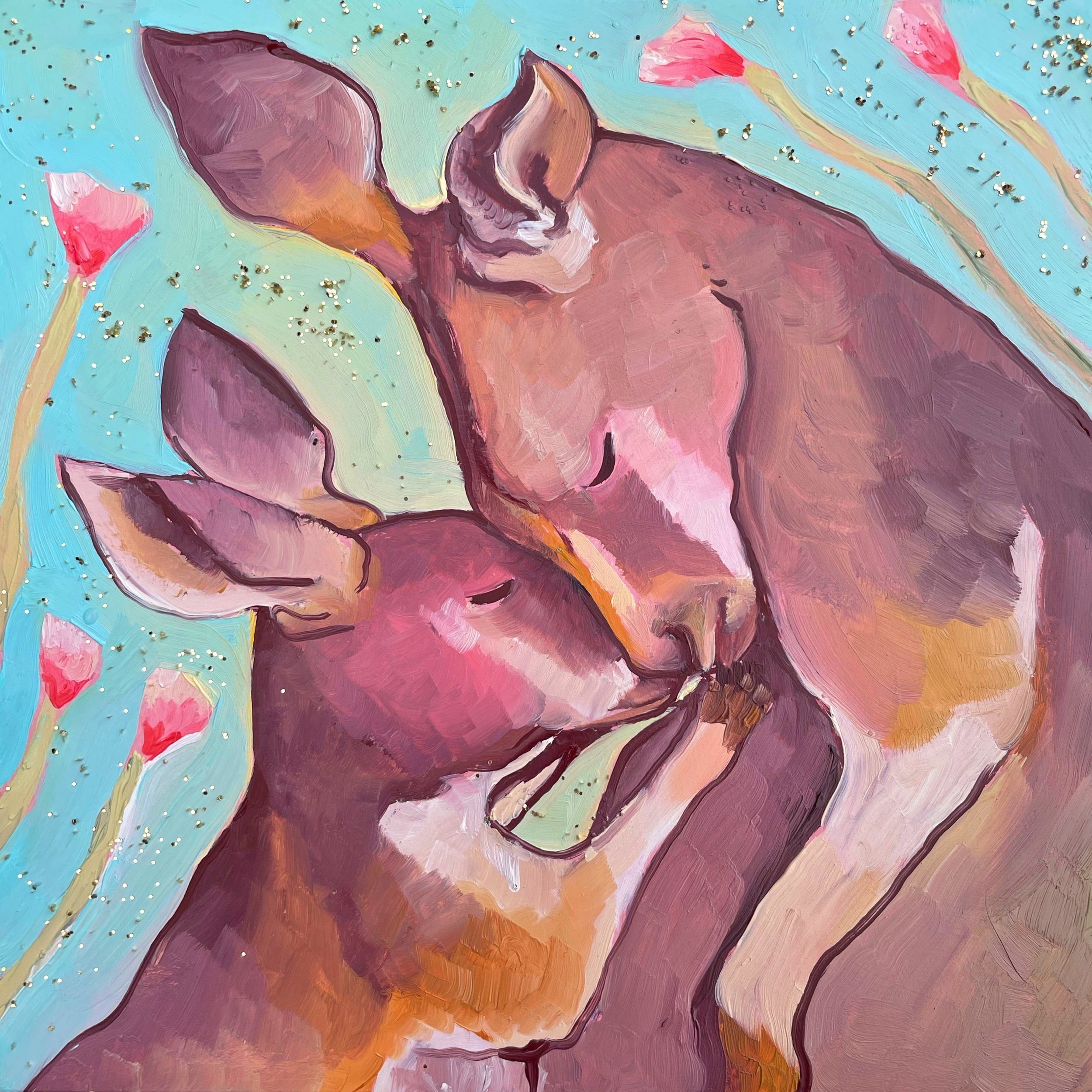 a sweet and colorful painting of a baby kangaroo nuzzling its parent