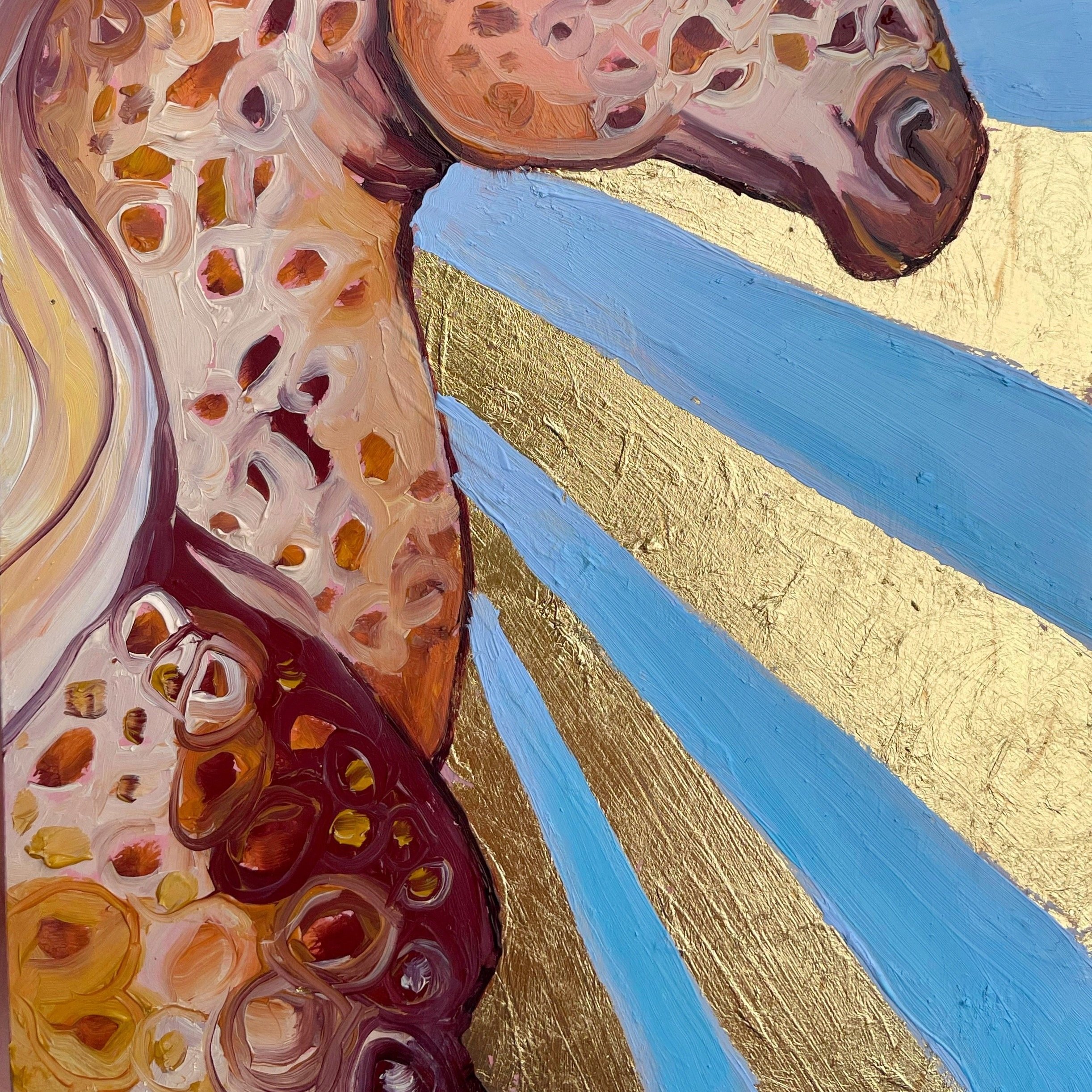 a colorful painting of a spotted horse with a sunburst behind it