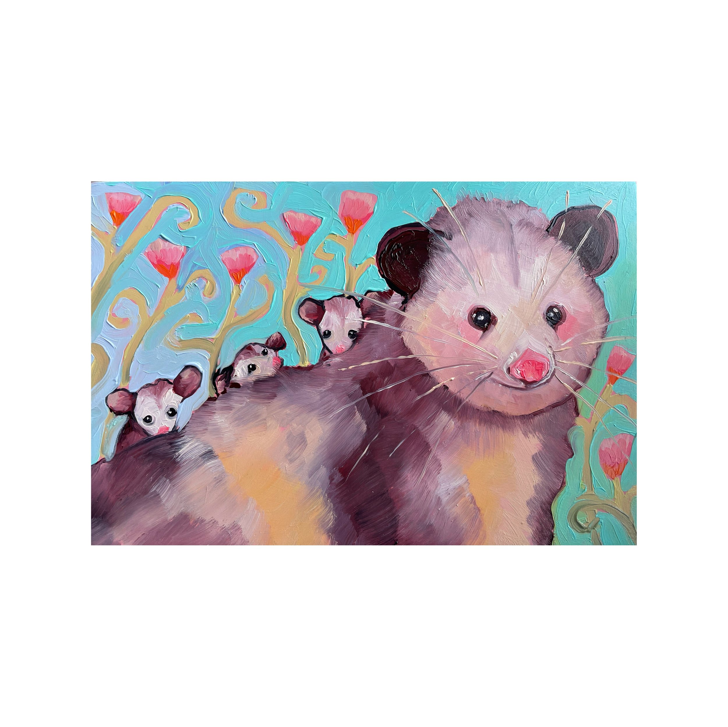 a colorful painting of an opossum family