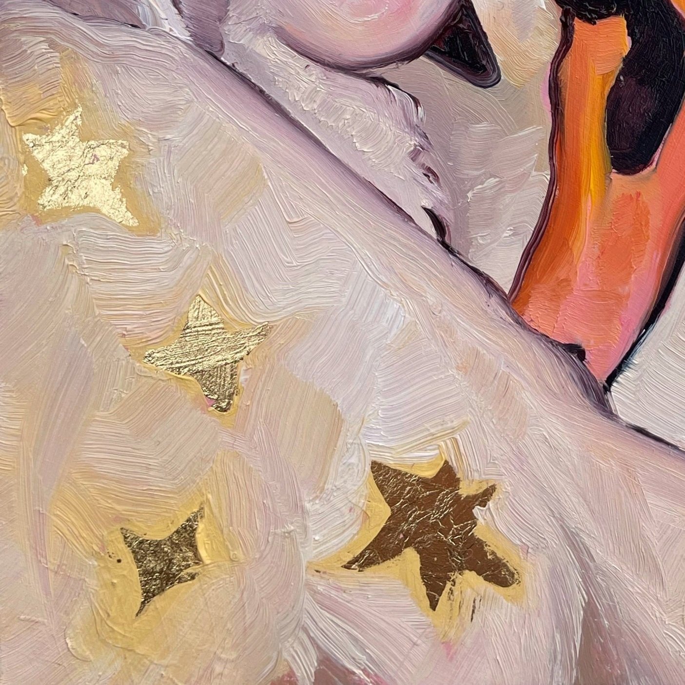 a sweet painting of a baby swan nuzzled in its parent's wing