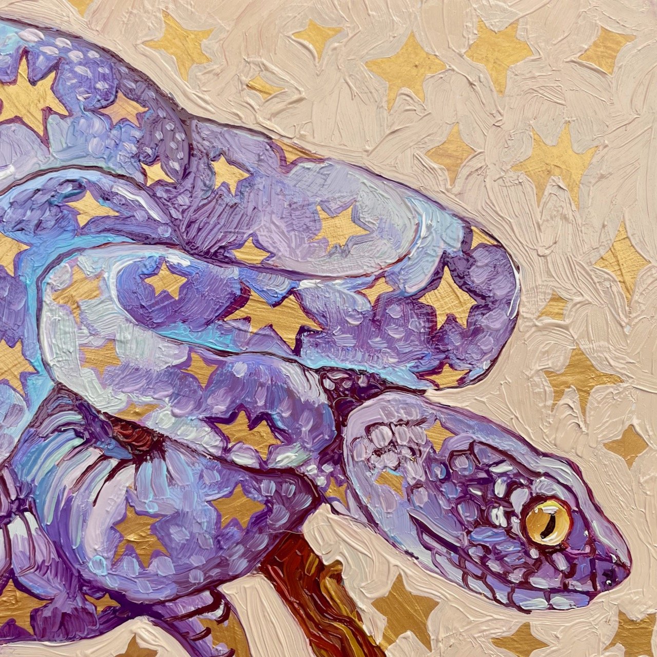 a painting of a purple snake with stars in its scales and stars in the space around it