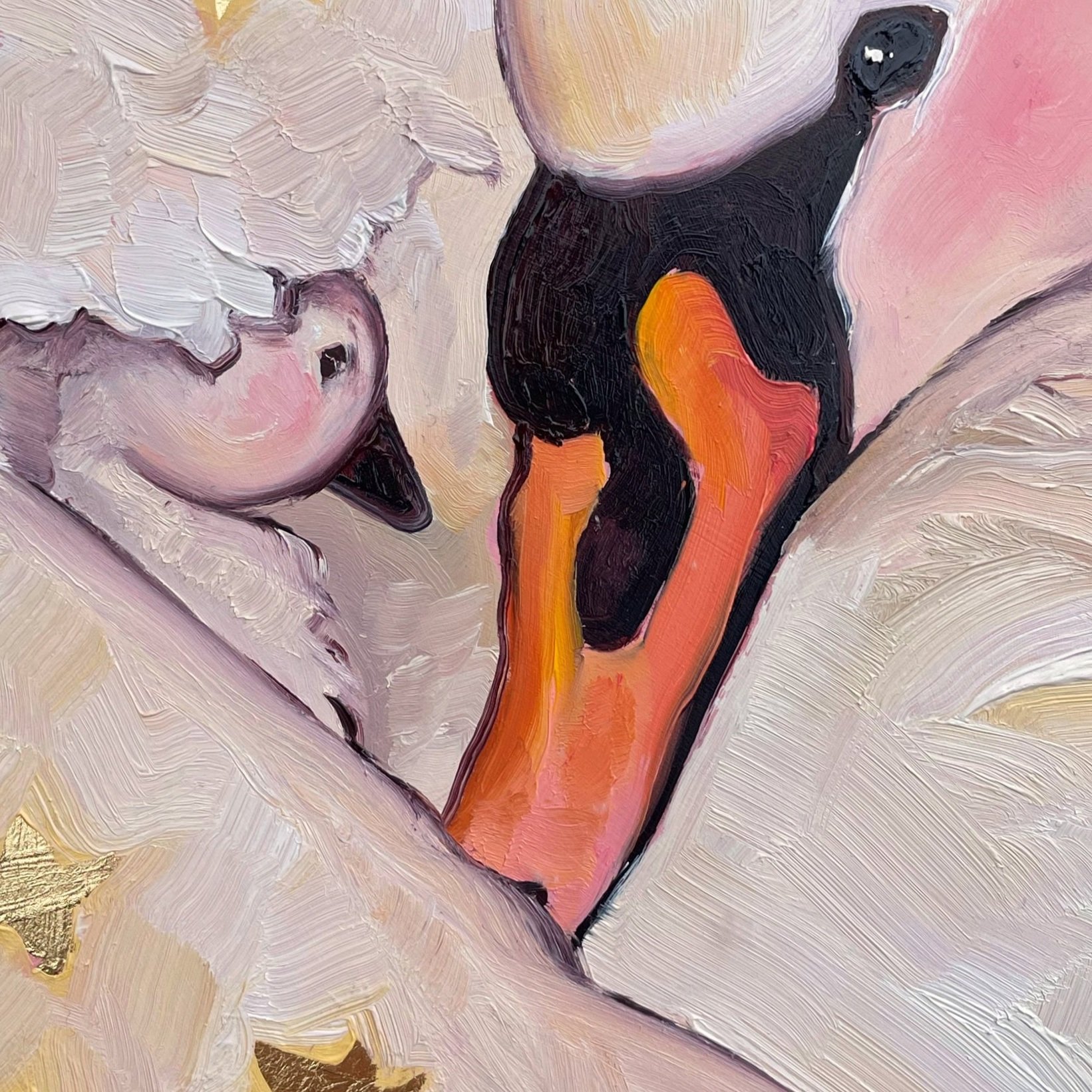a sweet painting of a baby swan nuzzled in its parent's wing