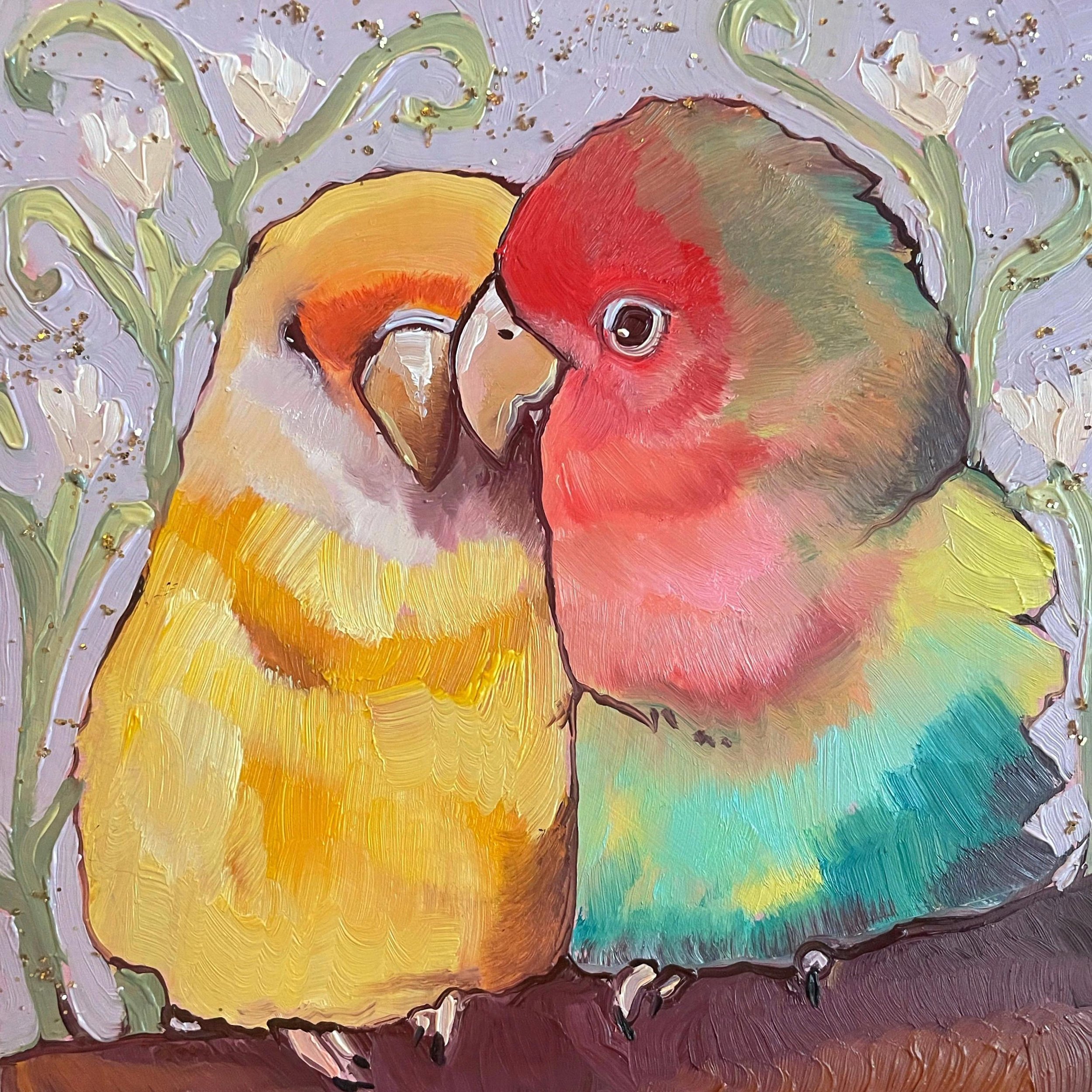 a sweet and colorful painting of two birds nuzzling.