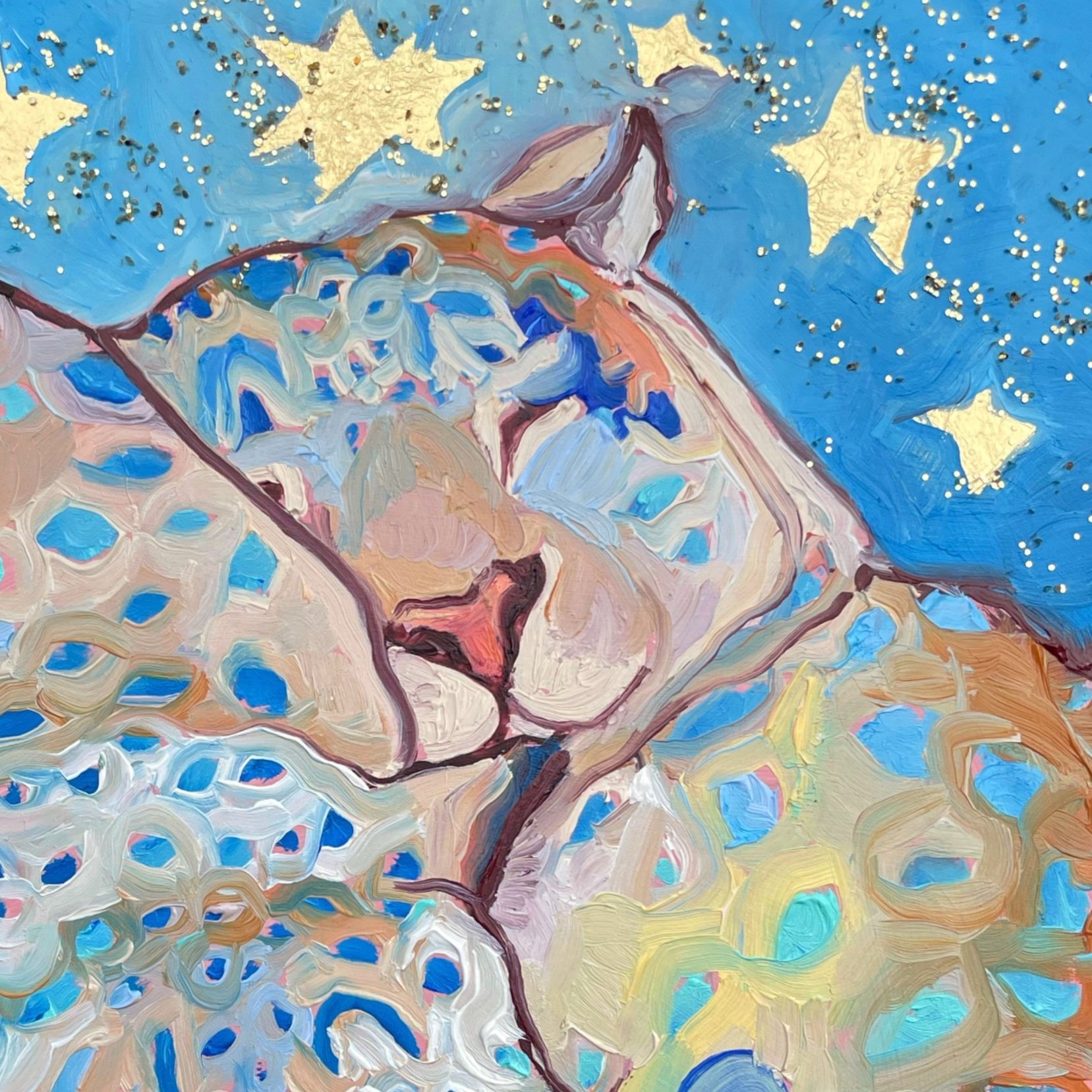 a sweet painting of two snow leopards sleeping under the stars