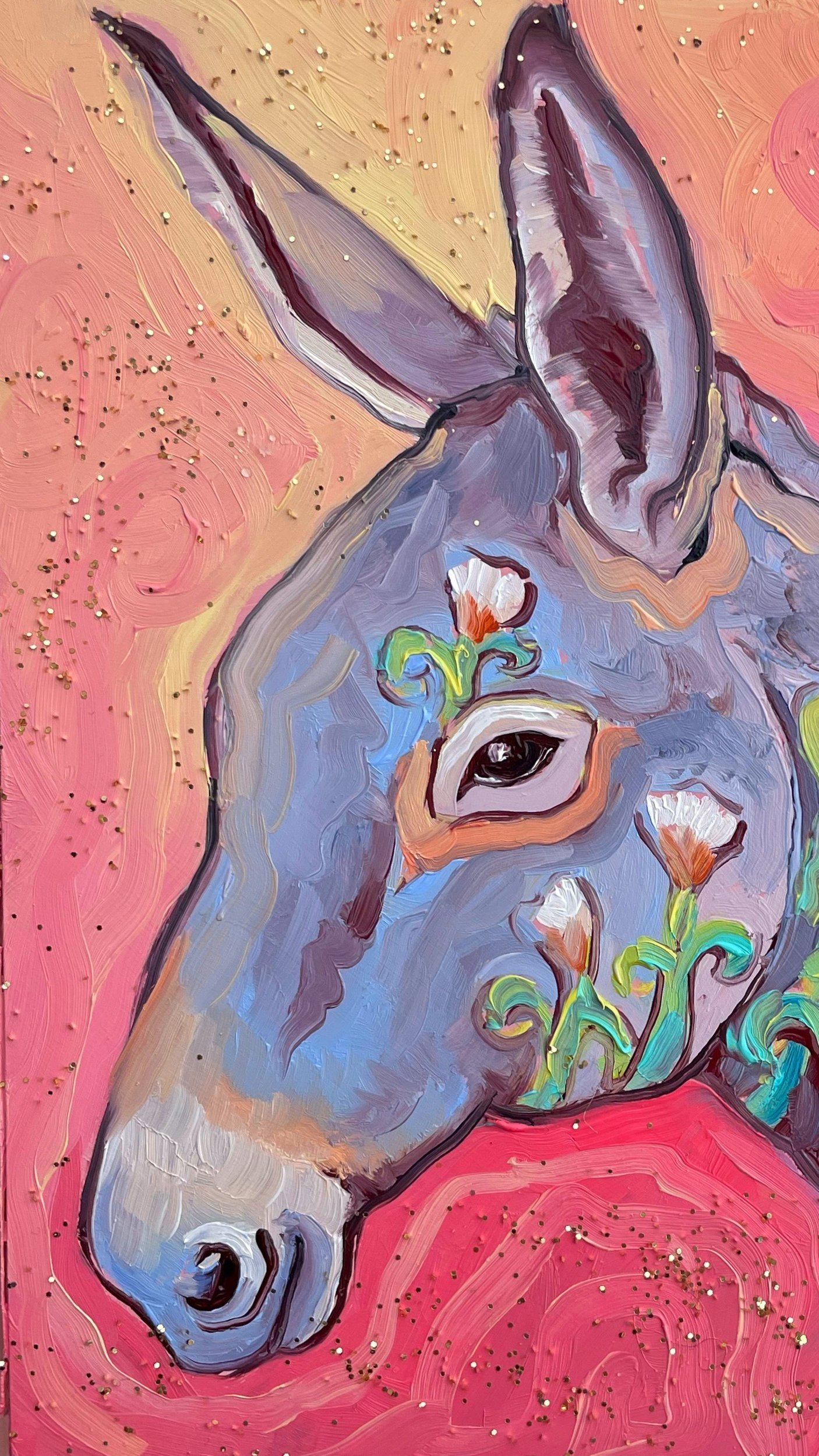 a colorful painting of a donkey with flowers in its body