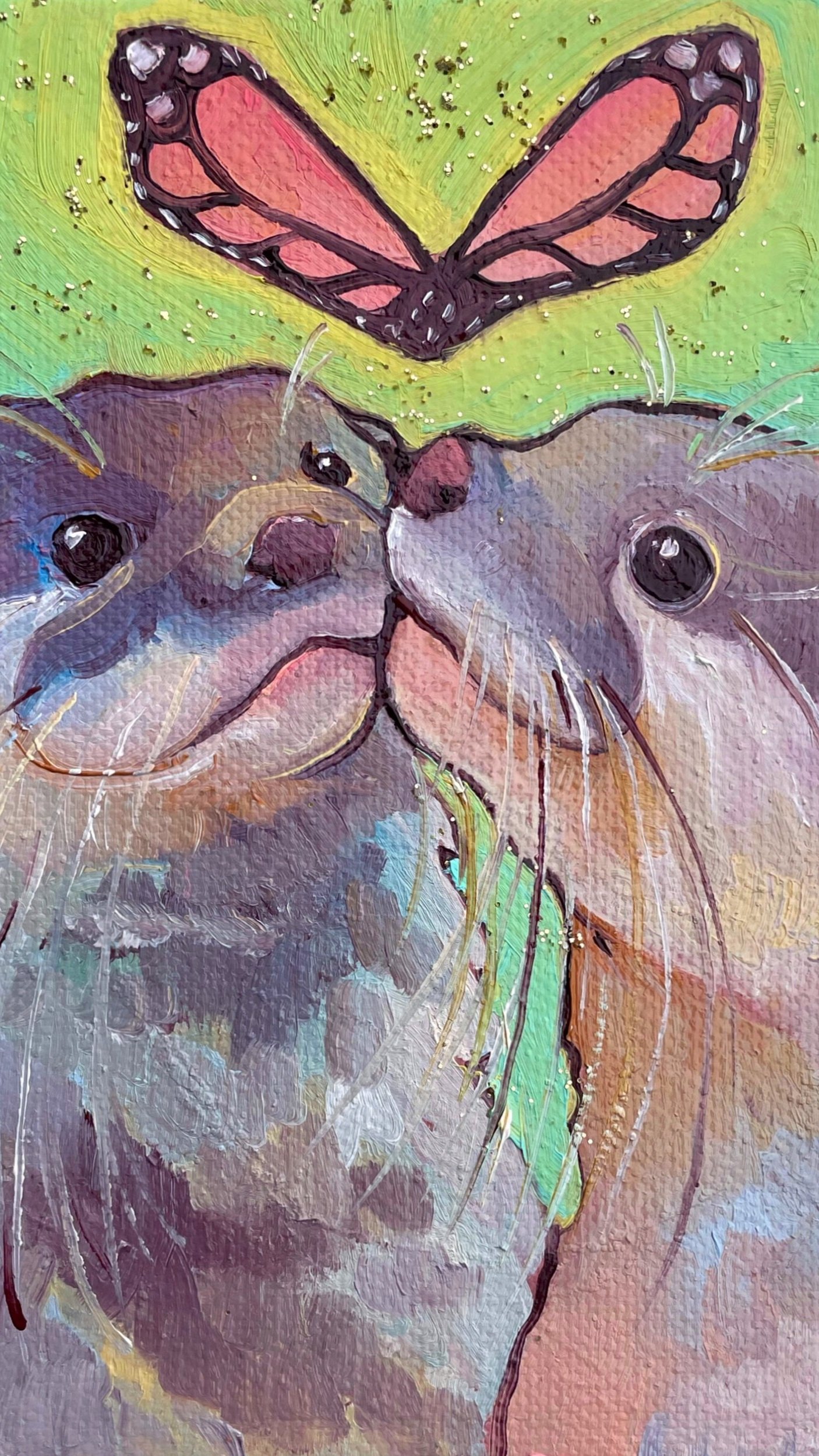 a cute painting of two otters kissing under a butterfly shaped like a heart