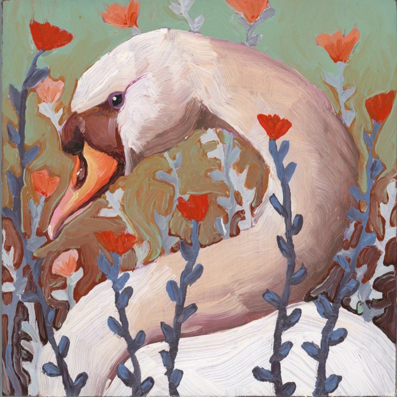 a painting of a swan with vermillion and blue flowers