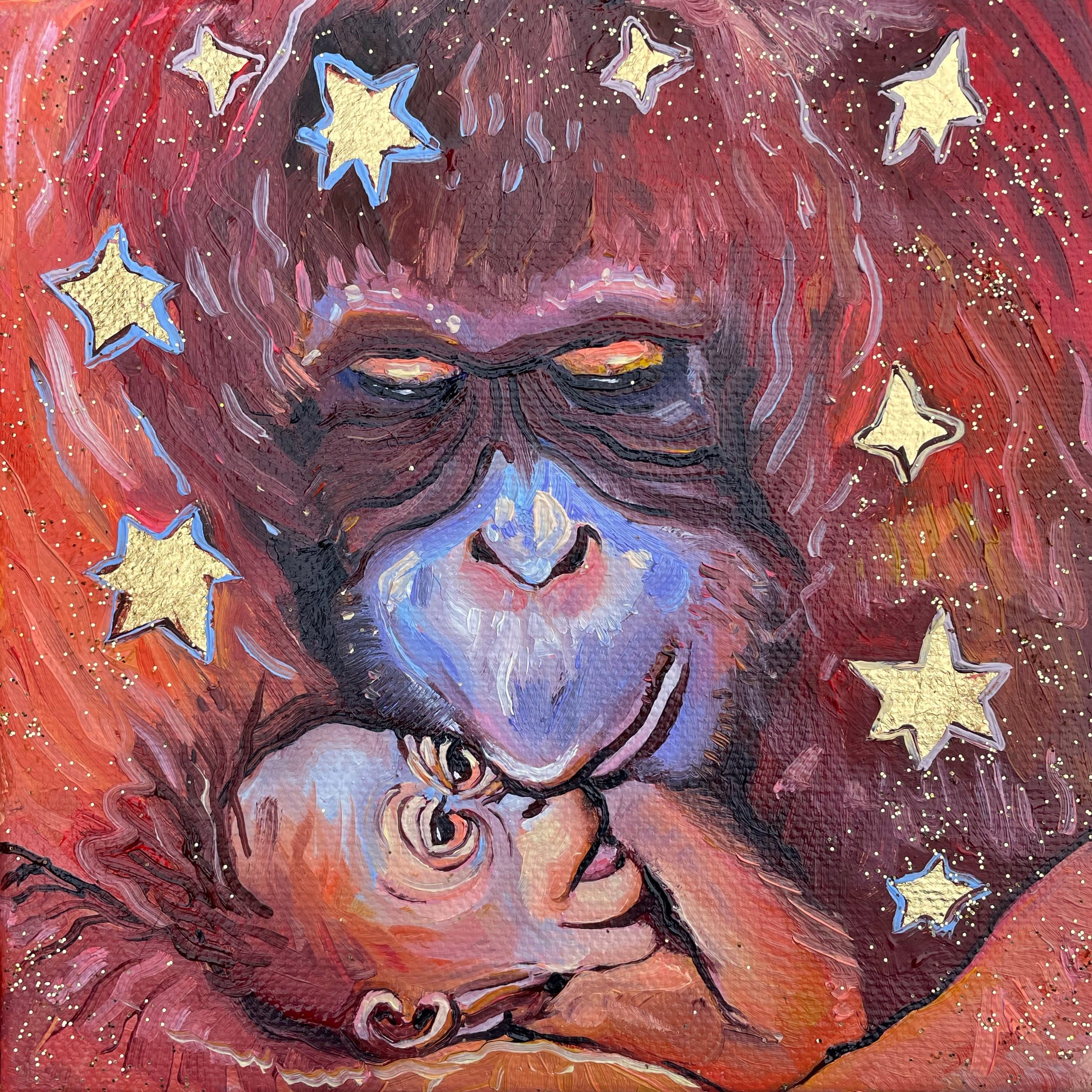 a sweet painting of an orangutan kissing her baby