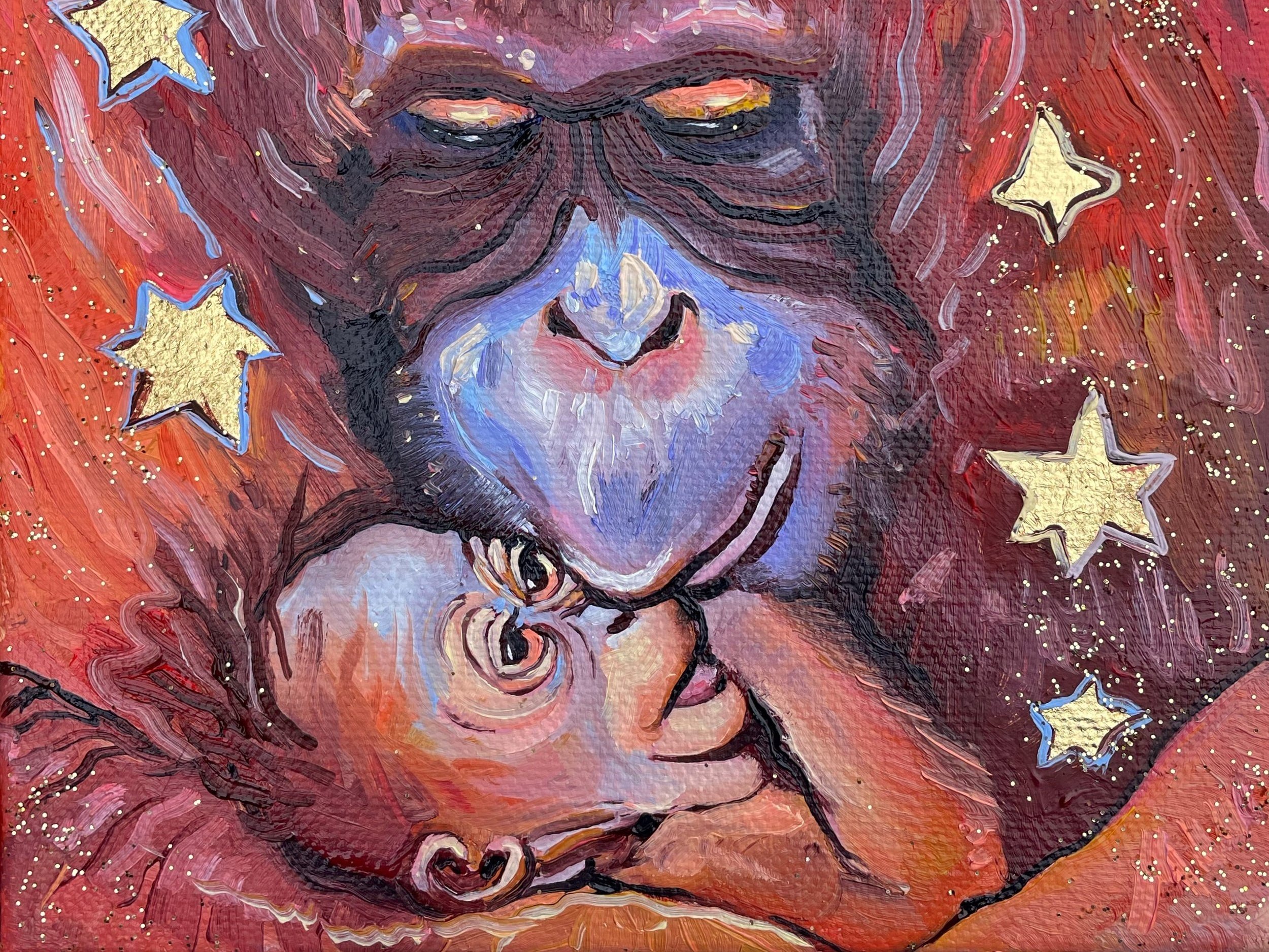 a sweet painting of an orangutan kissing her baby