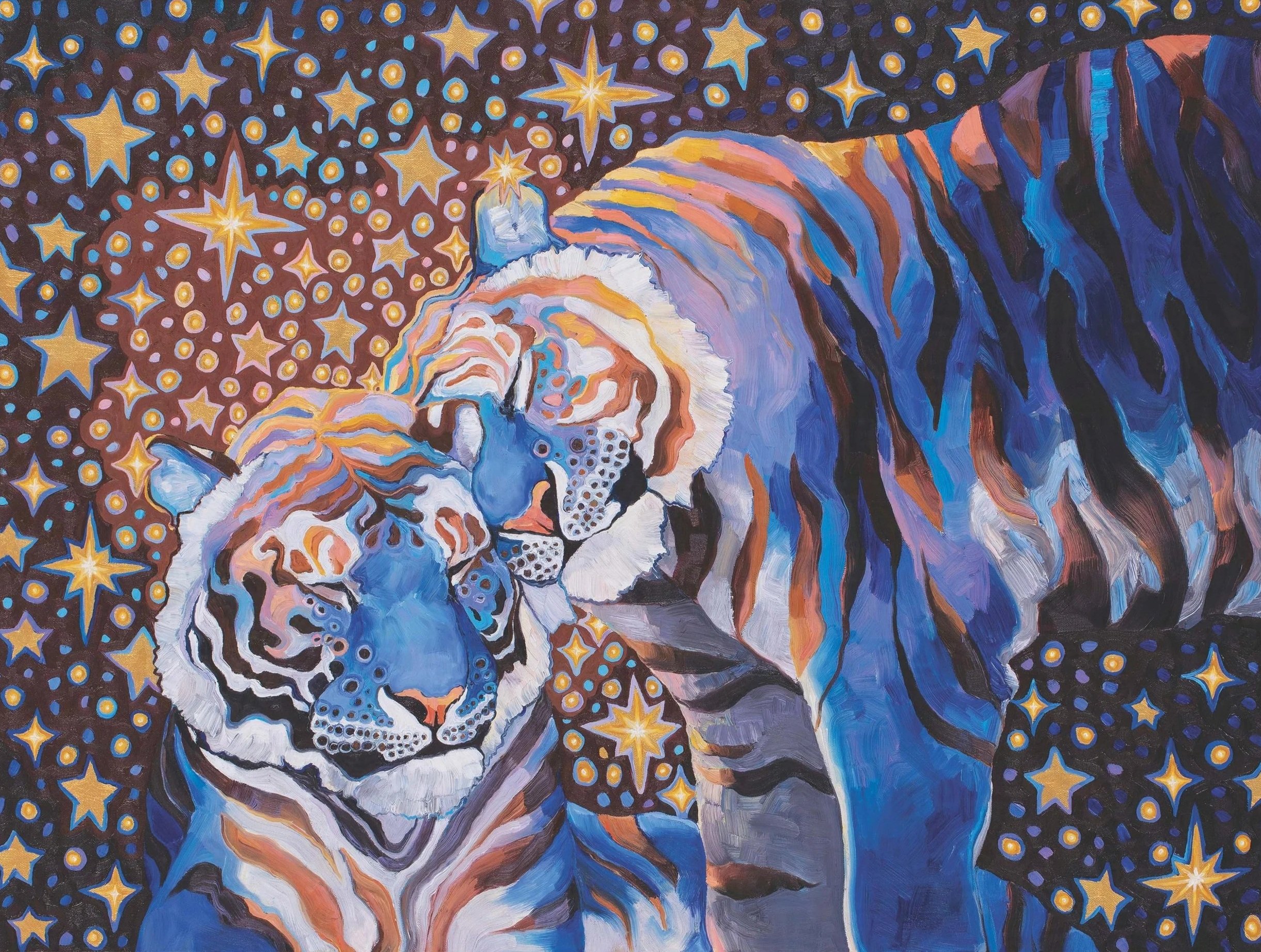 Painted image of a tiger with a night sky background filled with glowing yellow stars and dots.