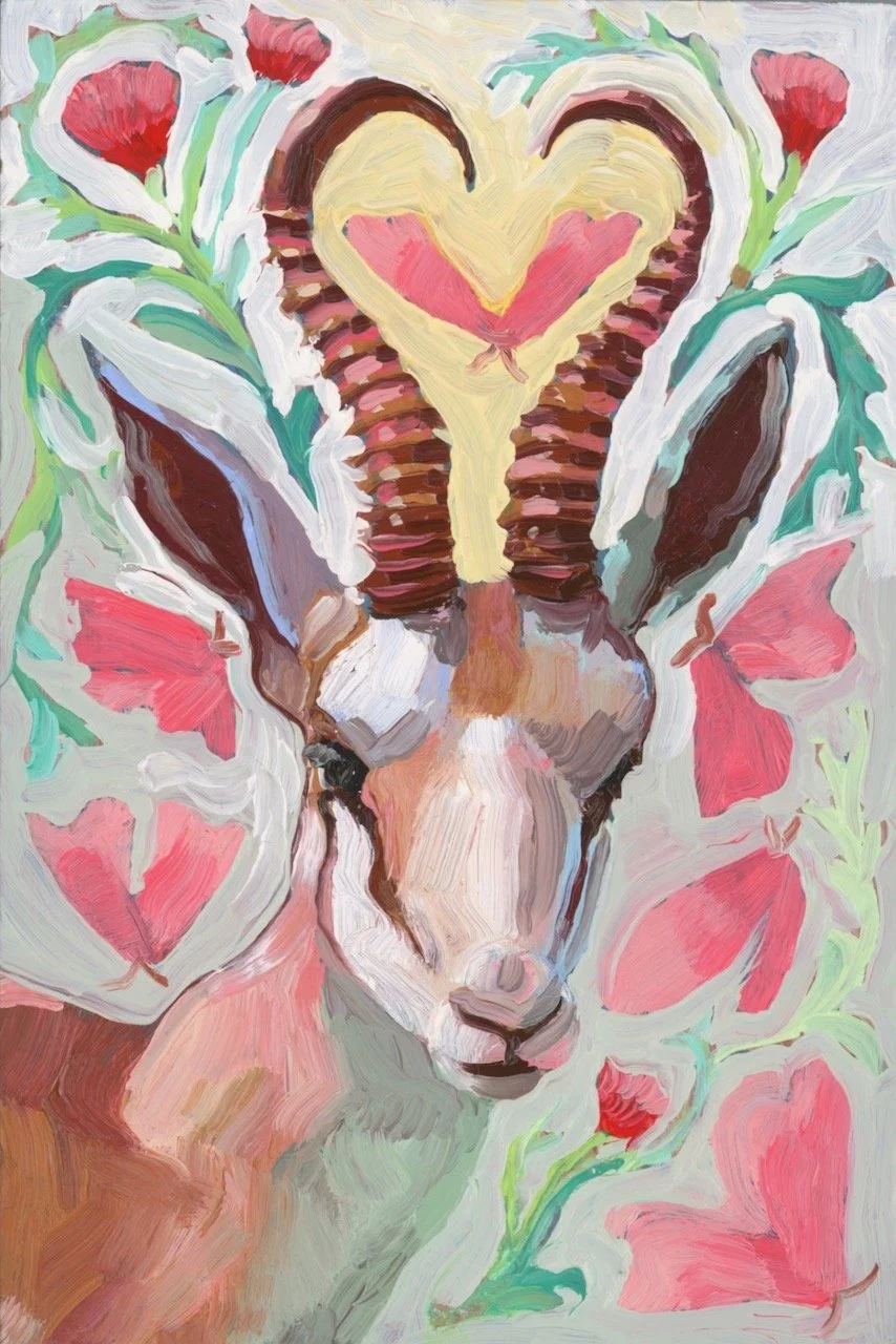 a painting of a gazelle surrounded by flowers and butterflies
