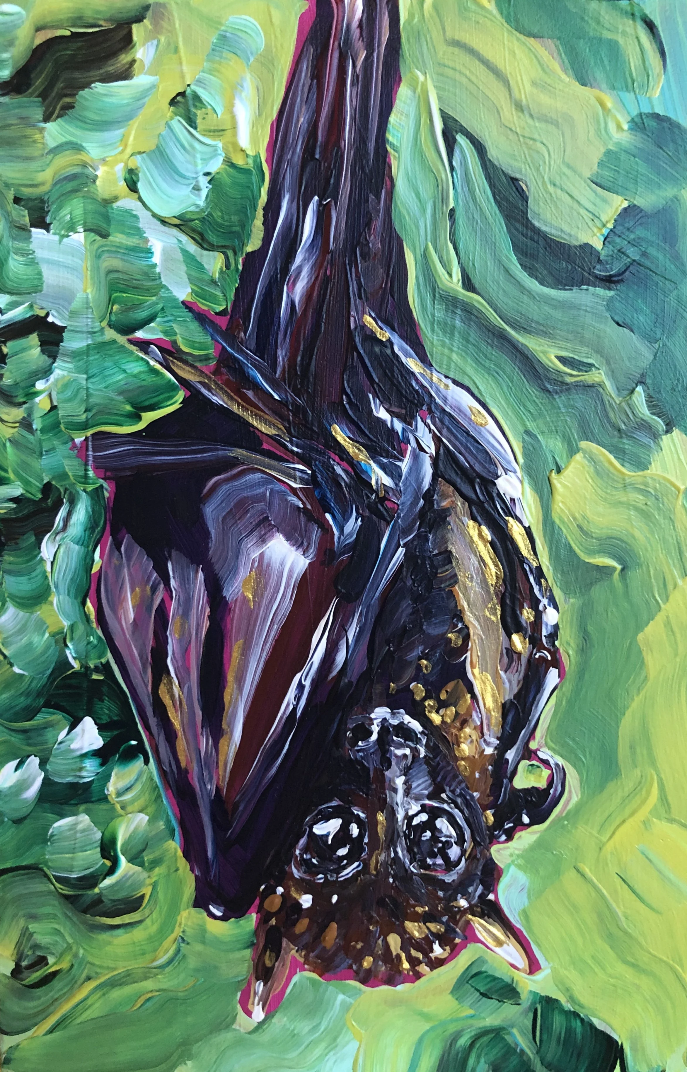 A painting of a bat hanging upside down against a green leafy background