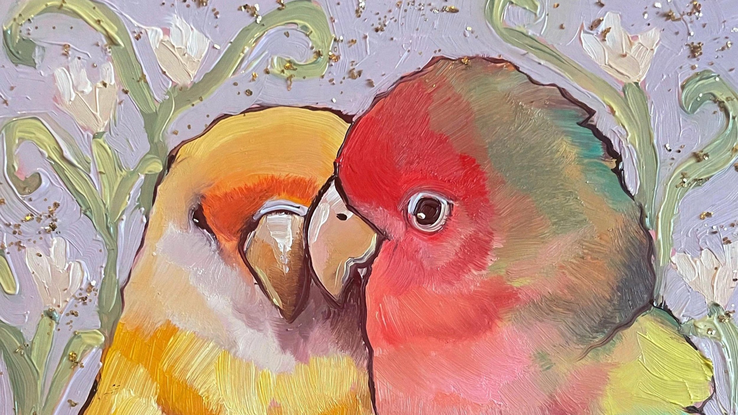 a sweet and colorful painting of two birds nuzzling.