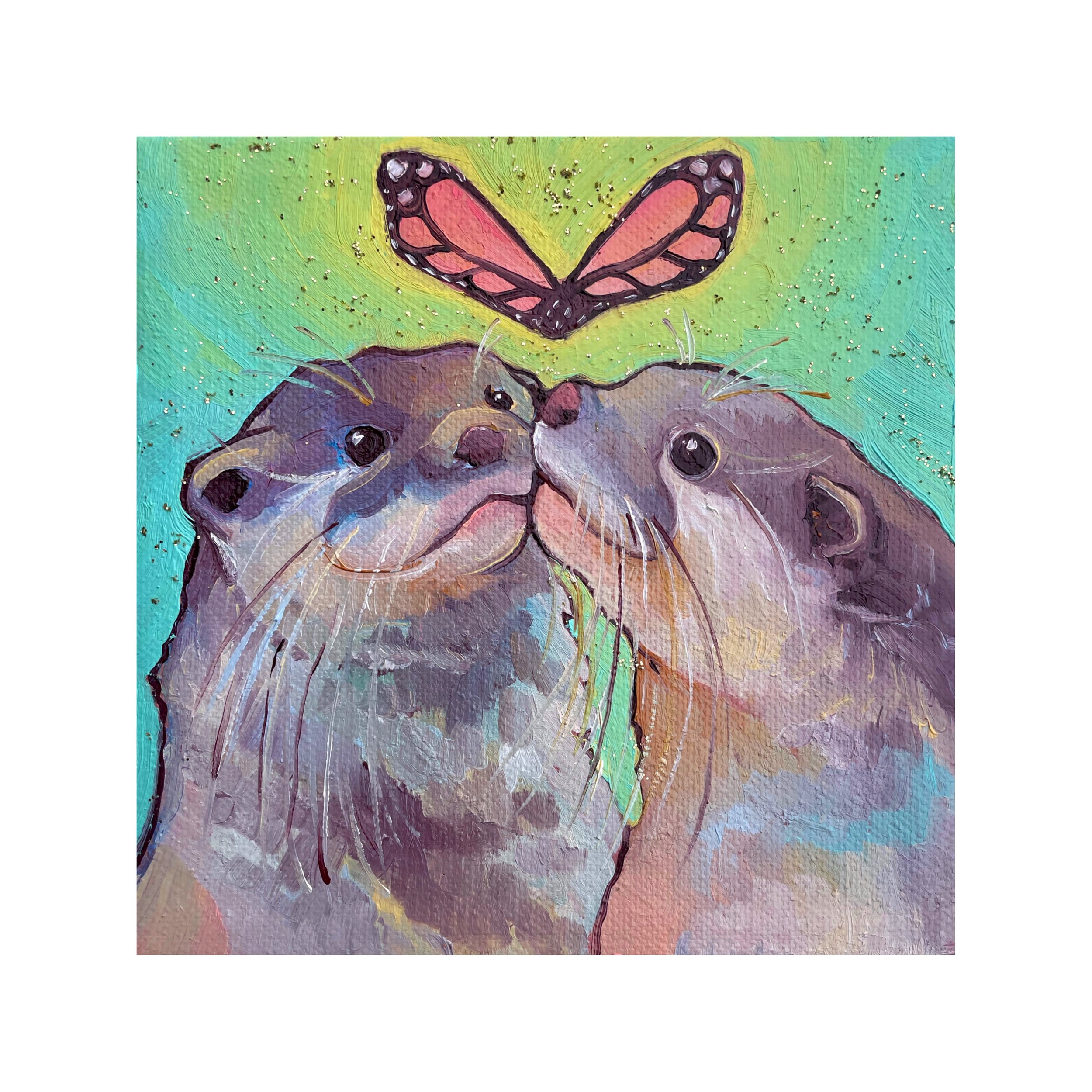 a cute painting of two otters kissing under a butterfly shaped like a heart