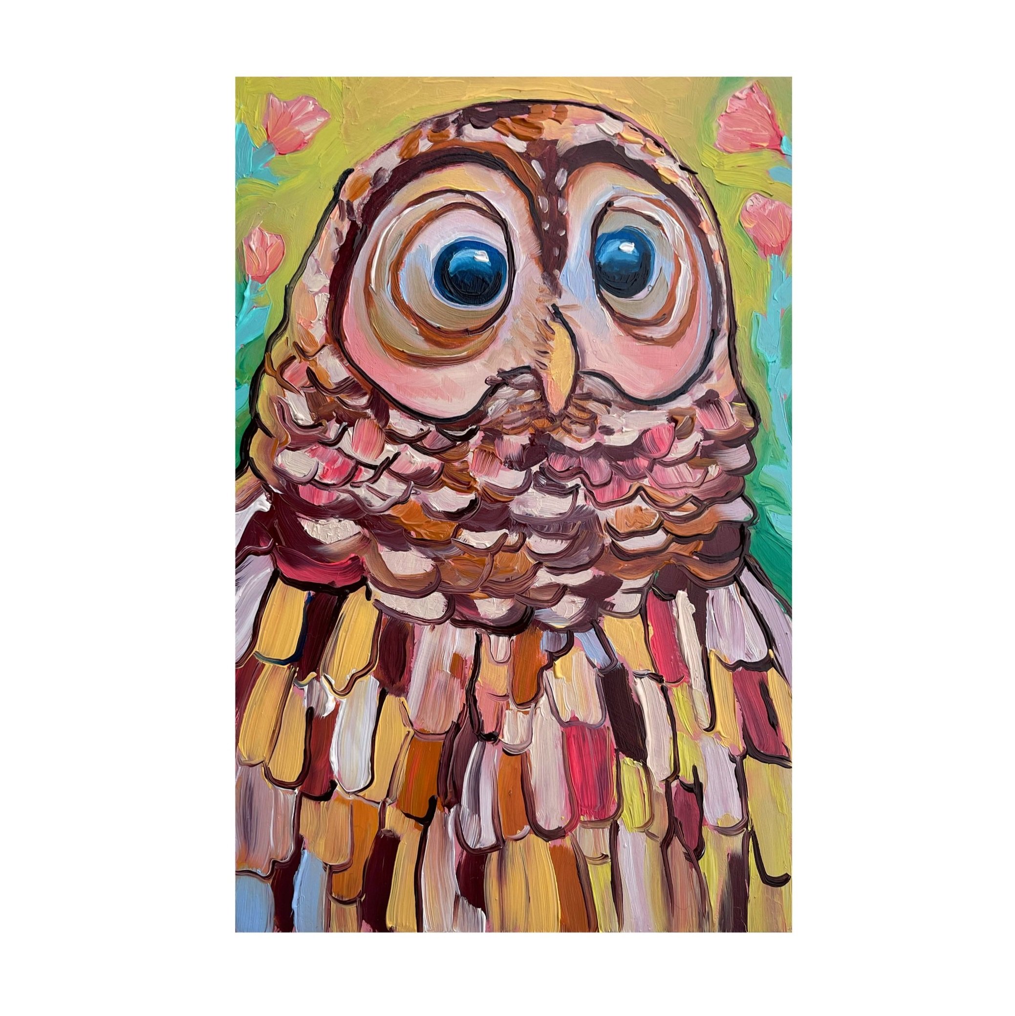a colorful painting of a barred owl