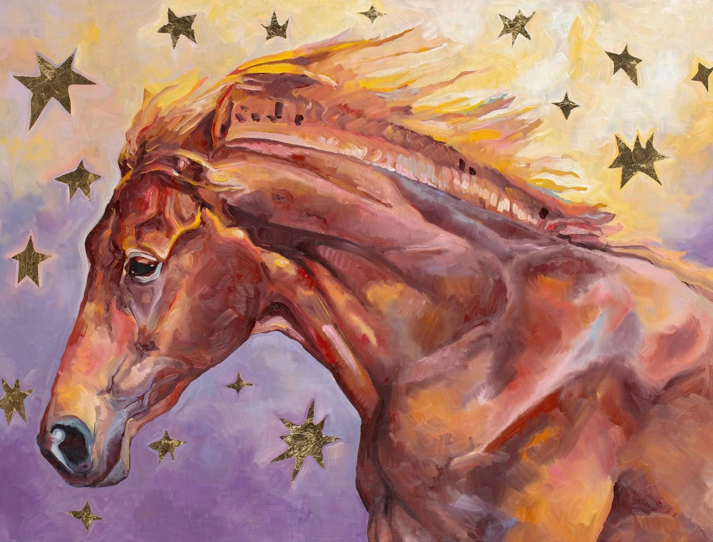 Painting of a brown horse with a light mane, set against a background with stars.