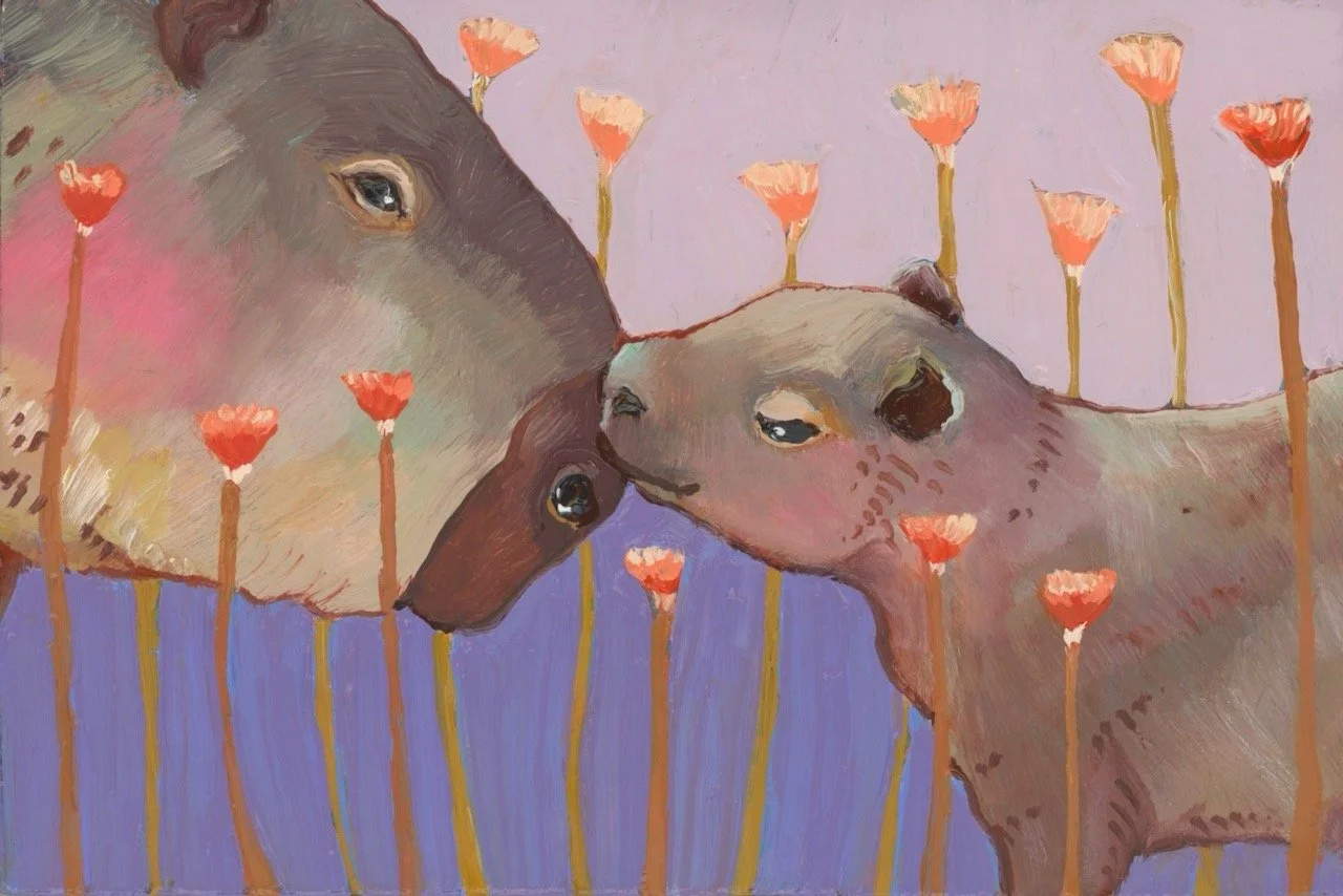 a painting of a parent and child capybara nuzzling. the background is purple and there are orange flowers