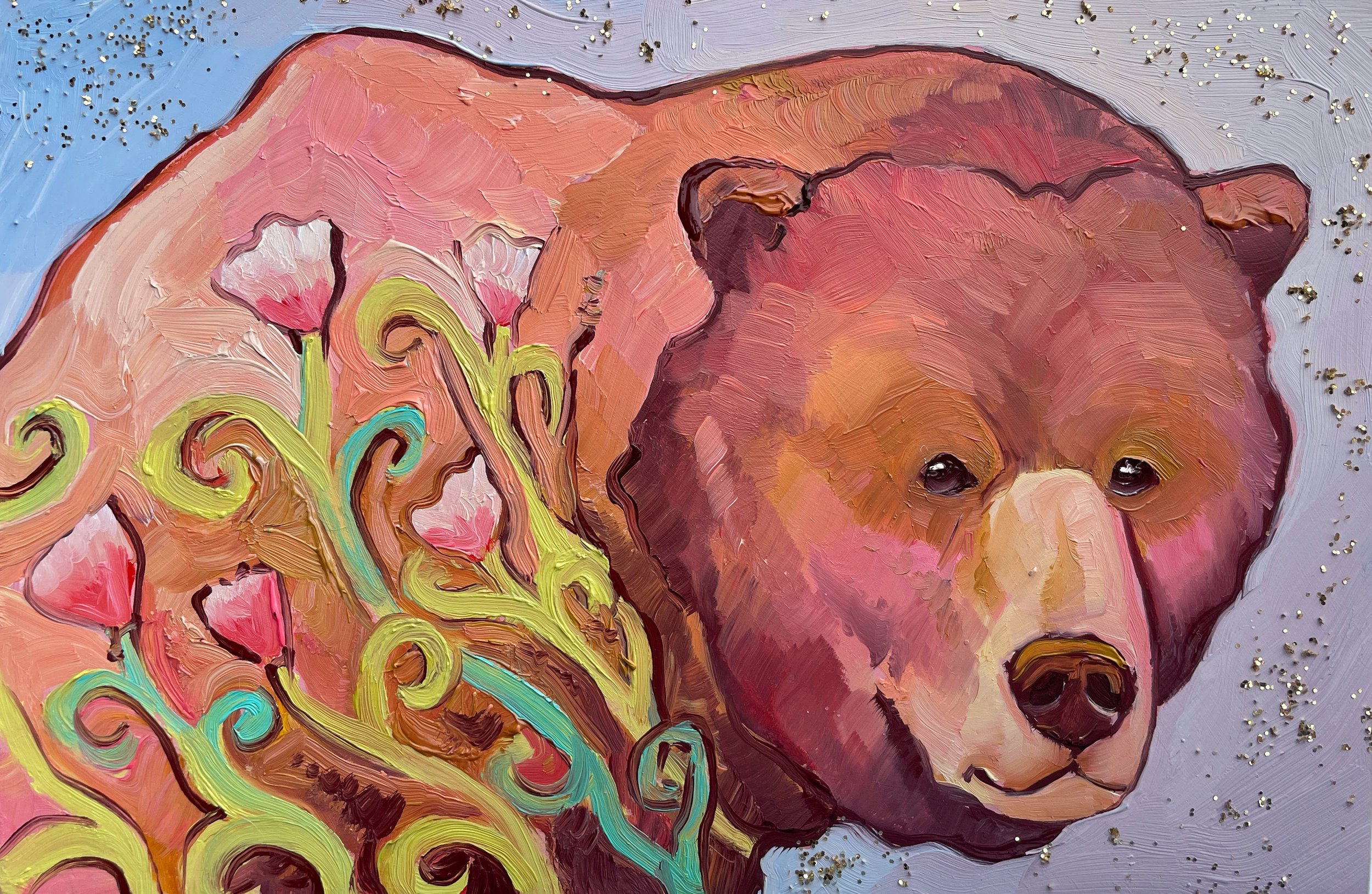 a colorful painting of a brown bear with flowers in its body